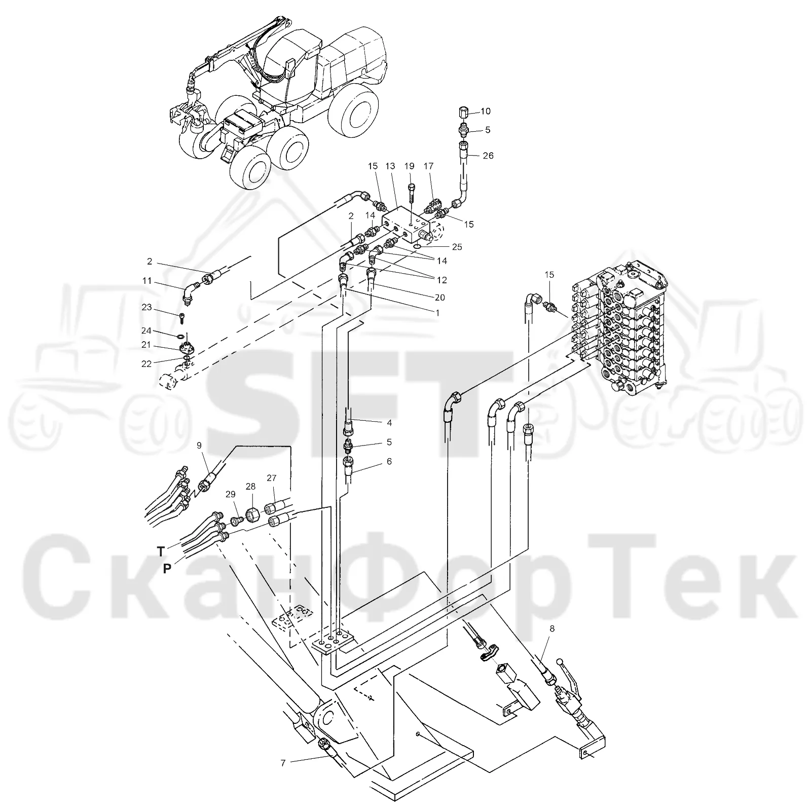 Схема: Valmet / Лесозаготовительные машины / Valmet 921 / Valmet 921 Ch -13270 / Valmet 921 Ch -13270 / Каталог запасных частей / Подъемный кран / Прокладка шланга / 1600 crane / Подвод шланга