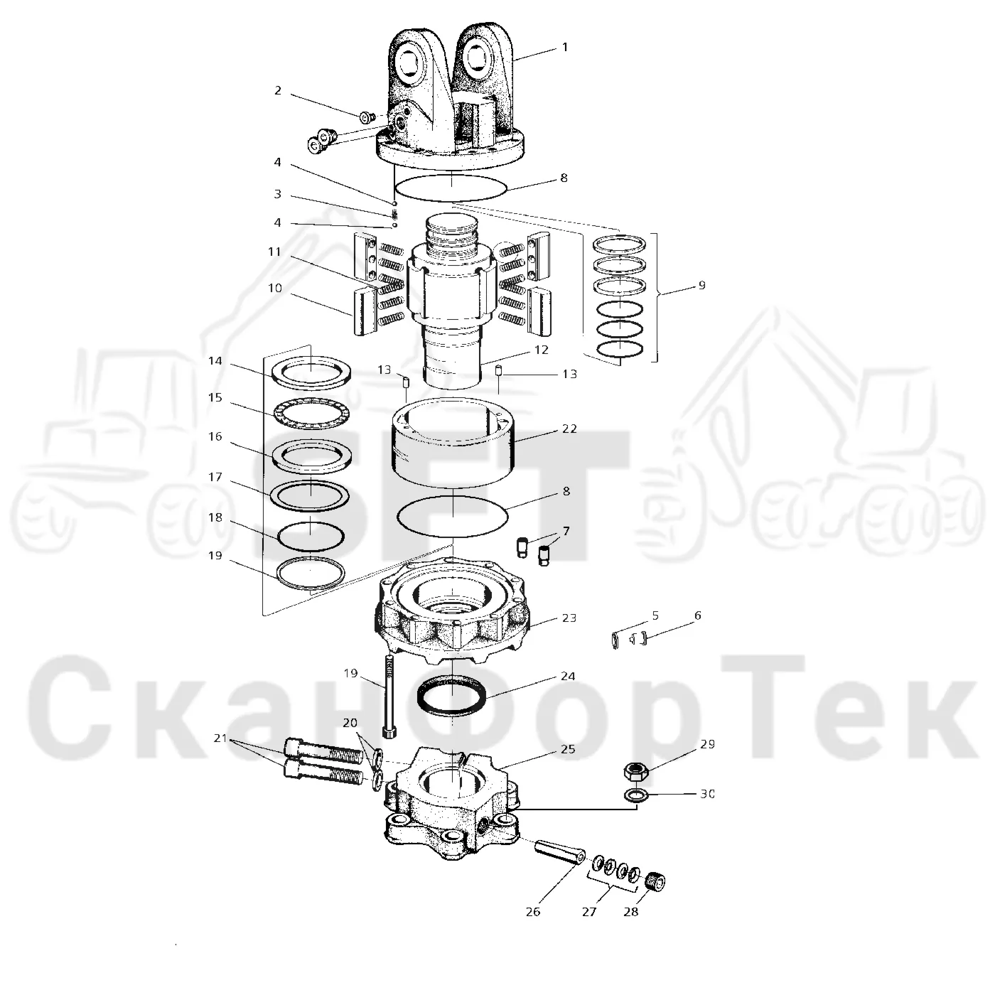 Схема: Valmet / Головки лесозаготовительной машины / Valmet 965 S2 / Valmet 965 S2 / Valmet 965 / Каталог запасных частей / Поворотные устройства и звенья / Поворотное устройство / Поворотное устройство AV 11S, 12S