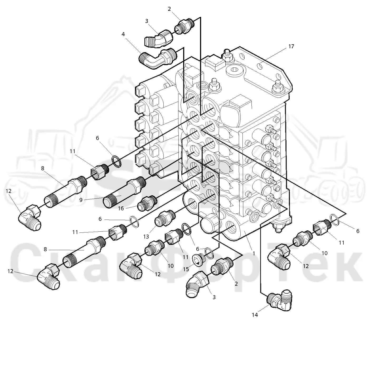 Схема: Valmet / Лесозаготовительные машины / Valmet 921.1 / Valmet 921.1  Ch. -113530 / Valmet 921.1  Ch. -113530 / Каталог запасных частей / Гидравлика / Клапан подъемного крана CRH / Клапан подъемного крана CRH
