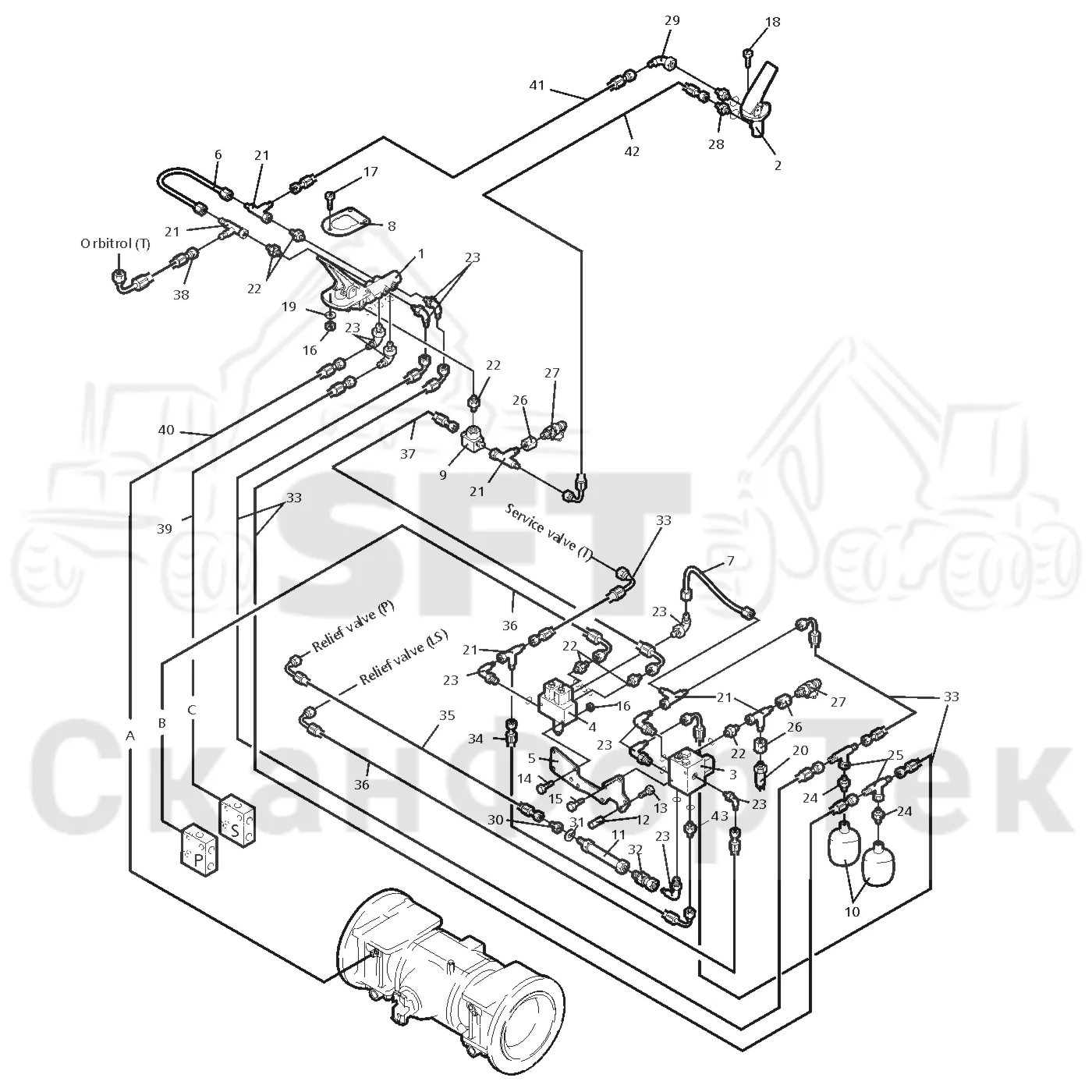 Схема: Valmet / Форвардер / Valmet 840.1 / Valmet 840.1 / Каталог запасных частей / Тормоза / Тормоза на 6 колес / Ch. 117660- / Тормозная система
