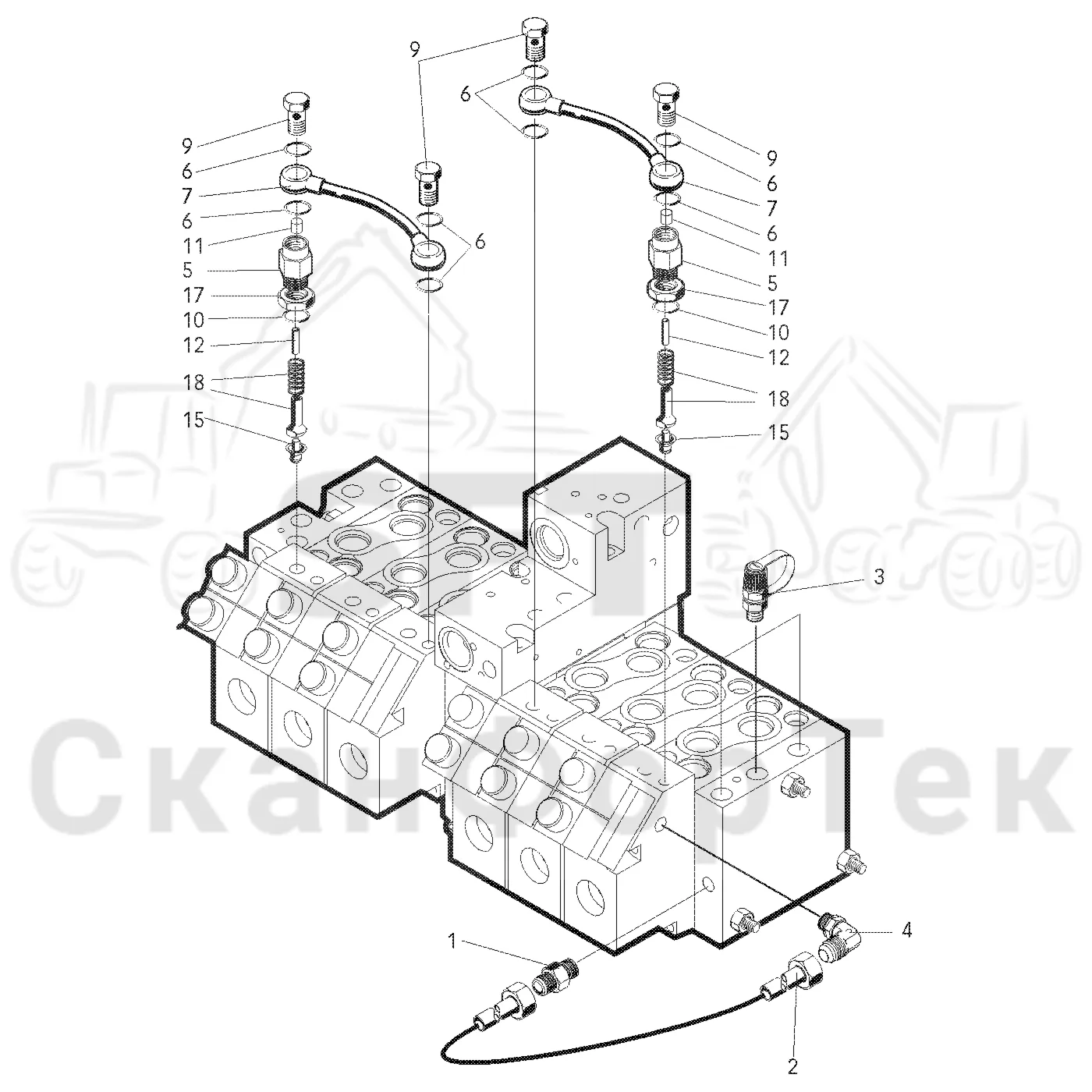 Схема: Valmet / Лесозаготовительные машины / Valmet 921.1 / Valmet 921.1 Ch. -113530 / Valmet 921.1 Ch. -113530 / Каталог запасных частей / Лесозаготовительное оборудование / Головка лесозаготовительной машины / Valmet 960 / Каталог запасных частей / Valmet 960 / Гидравлический клапан / Узел клапана / Оборудование сервоклапана, шасси 823-