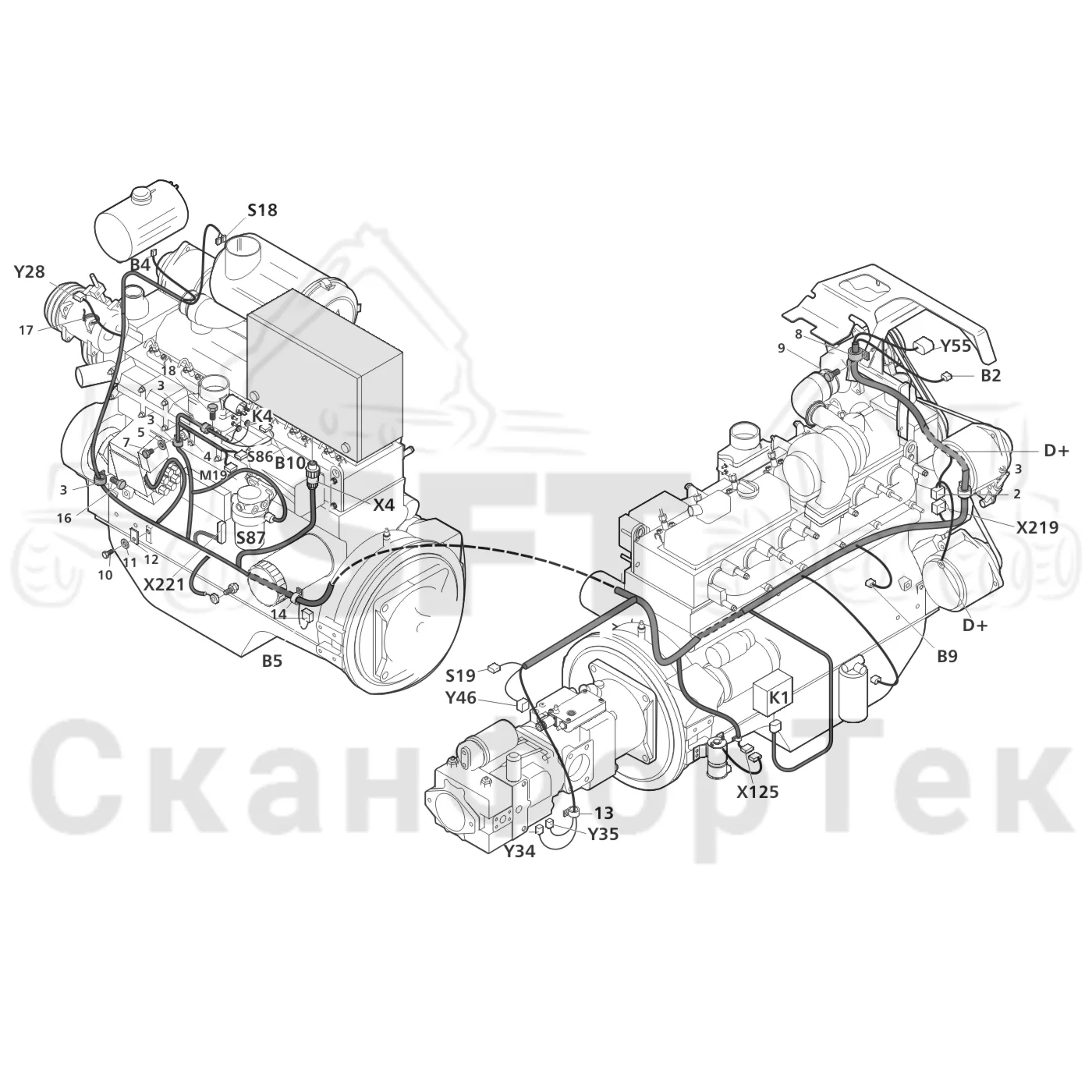 Схема: Valmet / Лесозаготовительные машины / Valmet 911.3 / Valmet 911.3 Ch - 311370 / Valmet 911.3 Ch - 311370 / Каталог запасных частей / Двигатель / Двигатель -311755 / Комплект электрооборудования / Комплект кабелей двигателя