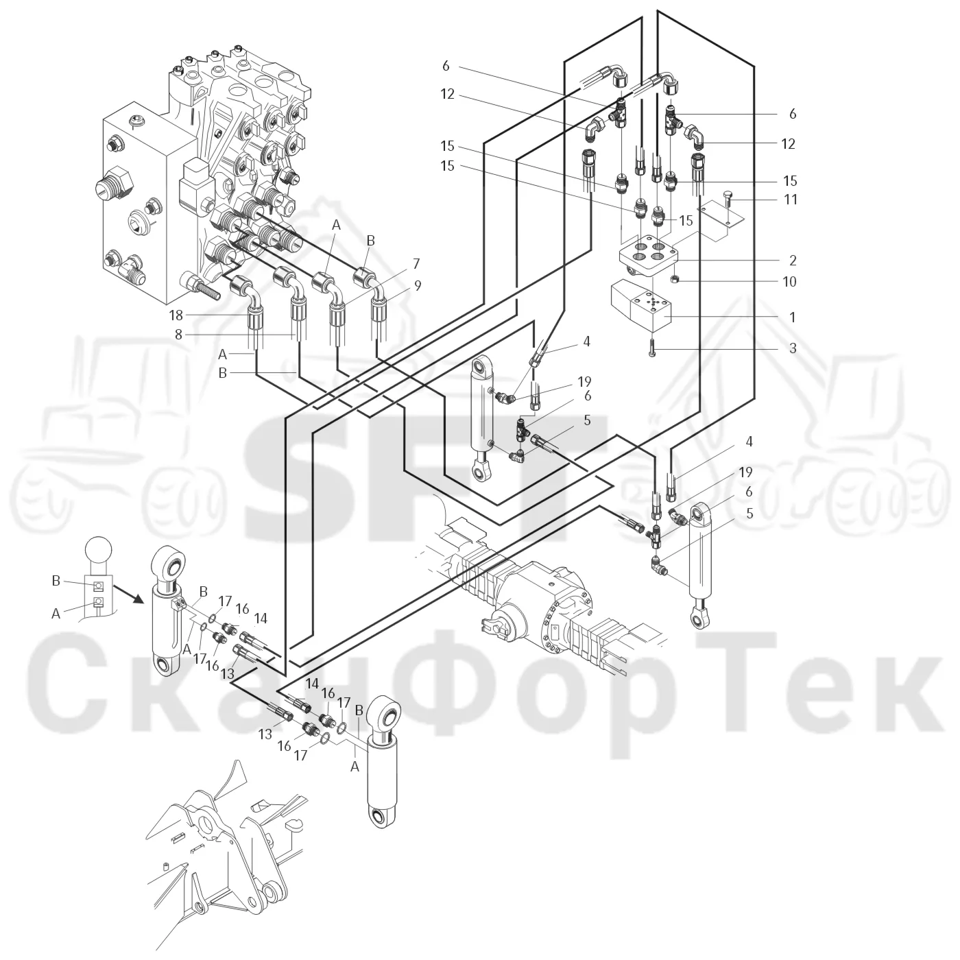 Схема: Valmet / Лесозаготовительные машины / Valmet 901.3 / Valmet 901.3 Ch. 311191- / Valmet 901.3 Ch. 311191- / Каталог запасных частей / шасси / Оборудование наклона / Гидравлическое оборудование наклона