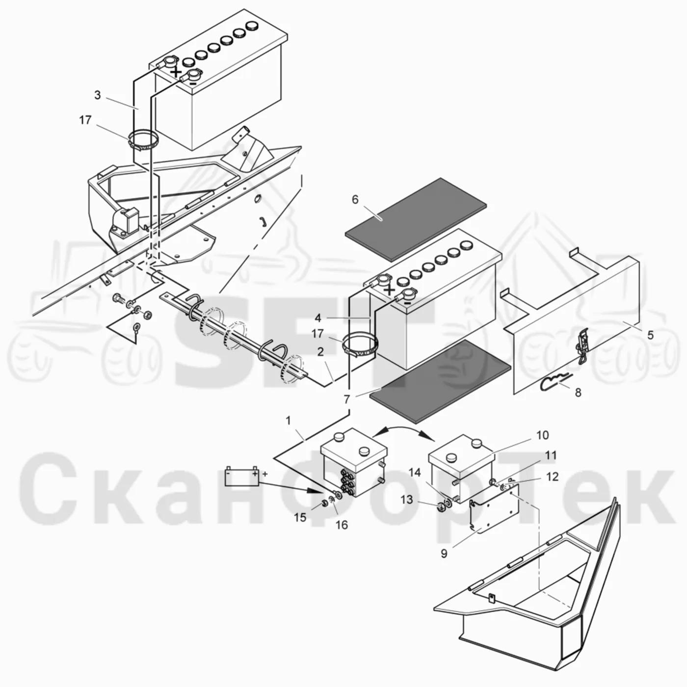 Схема: Komatsu / Лесозаготовительные машины / 901.4 / Каталог запасных частей / шасси / Электрический Оборудование / Комплект электрооборудования аккумуляторной батареи 140 А-час