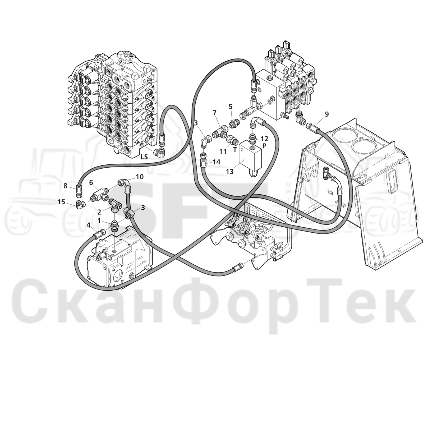 Схема: Valmet / Лесозаготовительные машины / Valmet 901.3 / Valmet 901.3 Ch. 311191- / Valmet 901.3 Ch. 311191- / Каталог запасных частей / Гидравлика / Гидравлические насосы / Сигнал LS линии гидравлики