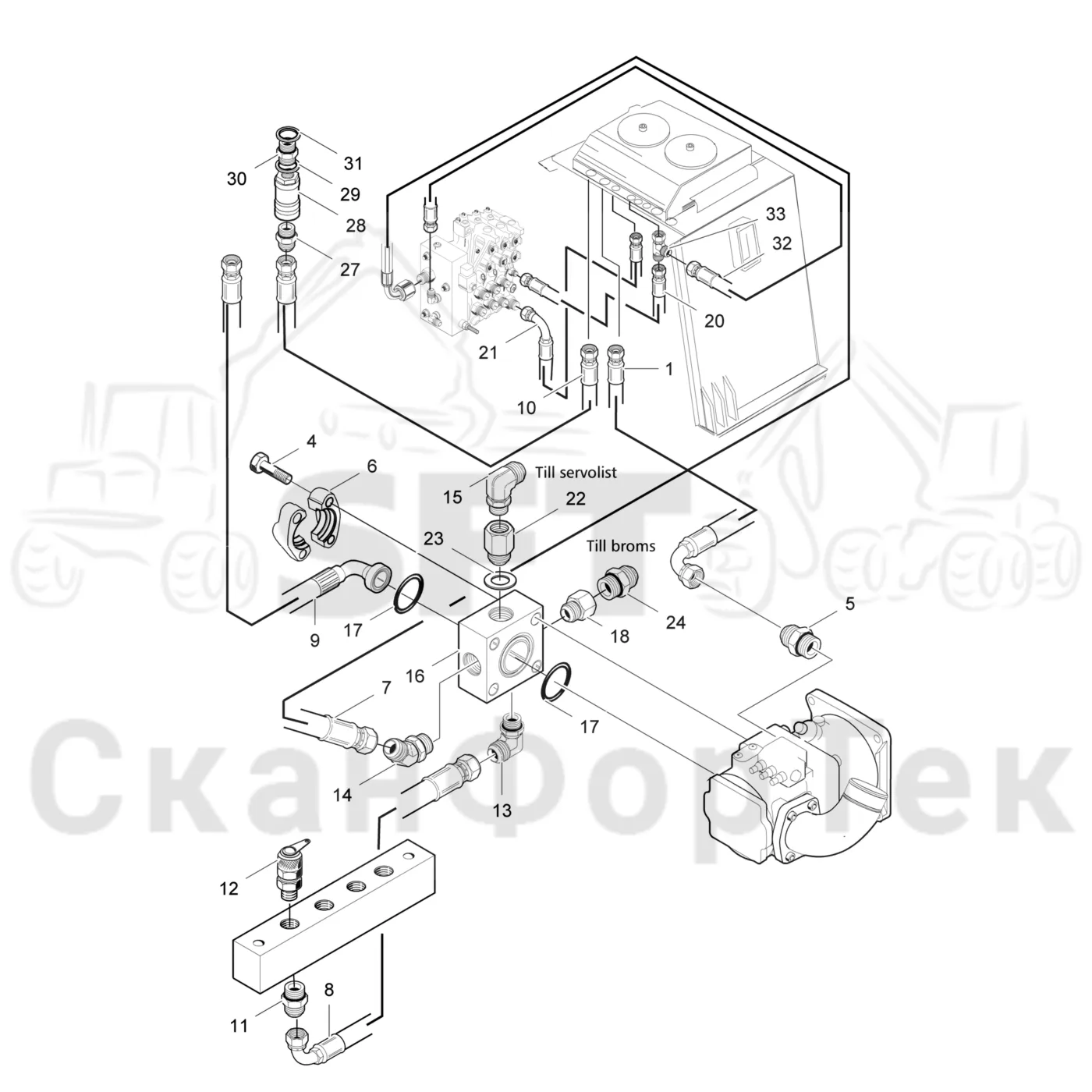 Схема: Valmet / Лесозаготовительные машины / Valmet 901.3 / Valmet 901.3 Ch. 311191- / Valmet 901.3 Ch. 311191- / Каталог запасных частей / Гидравлика / Клапан шасси / Система впуска-выпуска