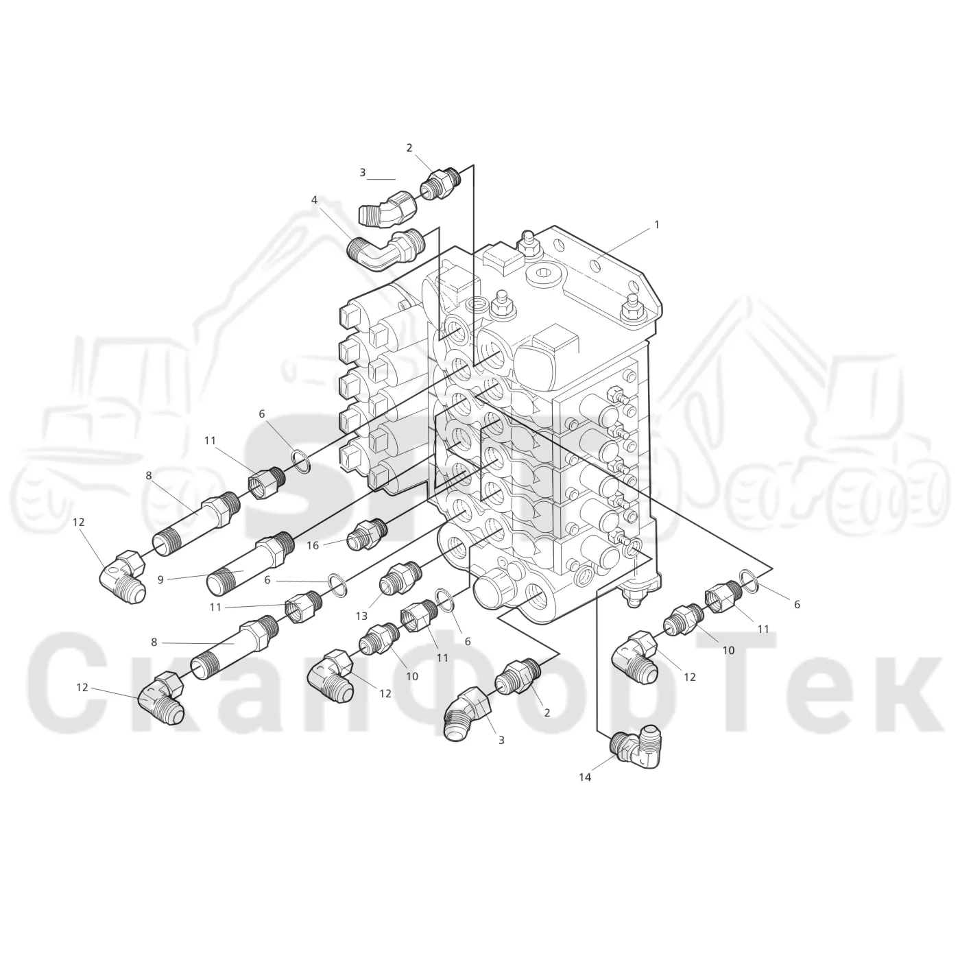 Схема: Valmet / Лесозаготовительные машины / Valmet 901.3 / Valmet 901.3 Ch -311190 / Valmet 901.3 Ch -311190 / Каталог запасных частей / Гидравлика / Клапан подъемного крана CRH / Клапан подъемного крана 945.1