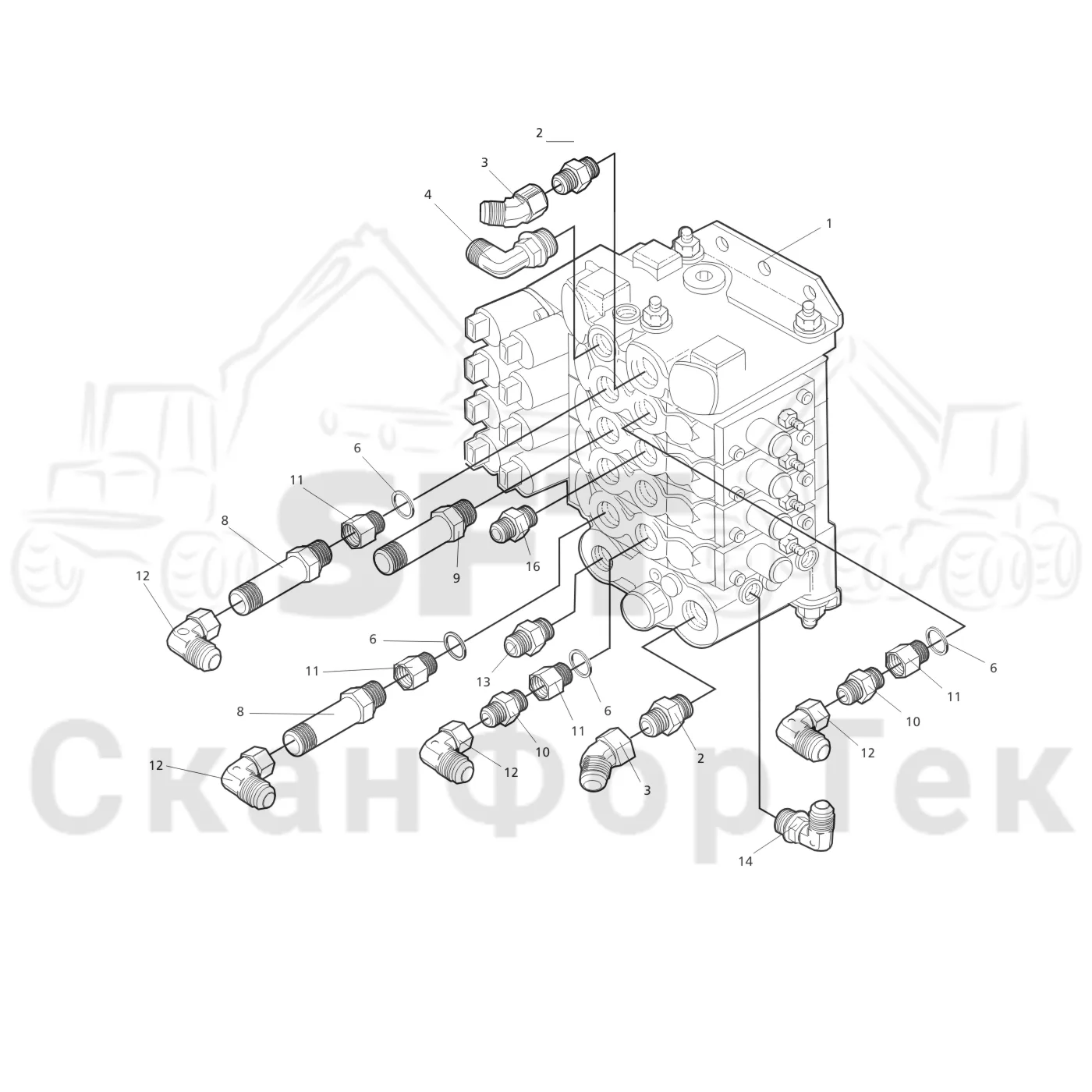 Схема: Valmet / Лесозаготовительные машины / Valmet 901.3 / Valmet 901.3 Ch -311190 / Valmet 901.3 Ch -311190 / Каталог запасных частей / Гидравлика / Клапан подъемного крана CRH / Клапан подъемного крана 300