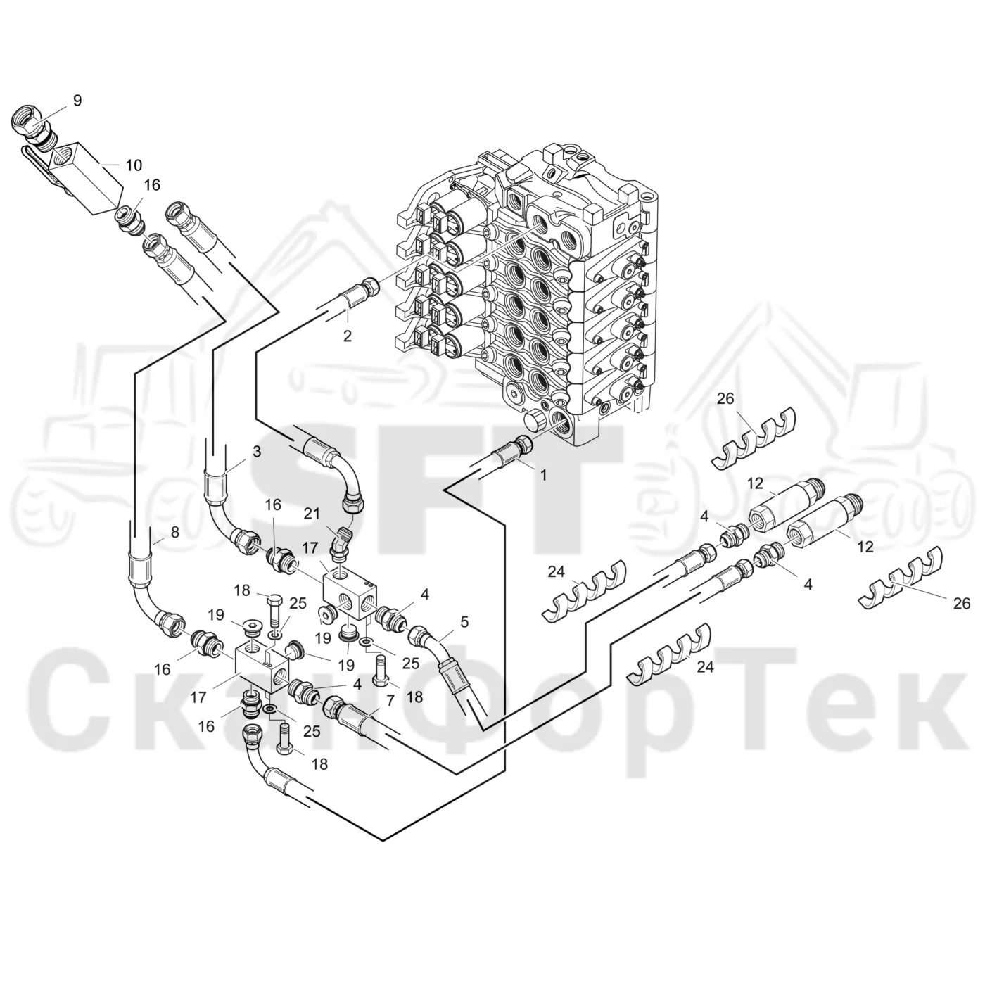 Схема: Valmet / Лесозаготовительные машины / Valmet 901.3 / Valmet 901.3 Ch. 311191- / Valmet 901.3 Ch. 311191- / Каталог запасных частей / Гидравлика / Клапан подъемного крана / Система впуска-выпуска