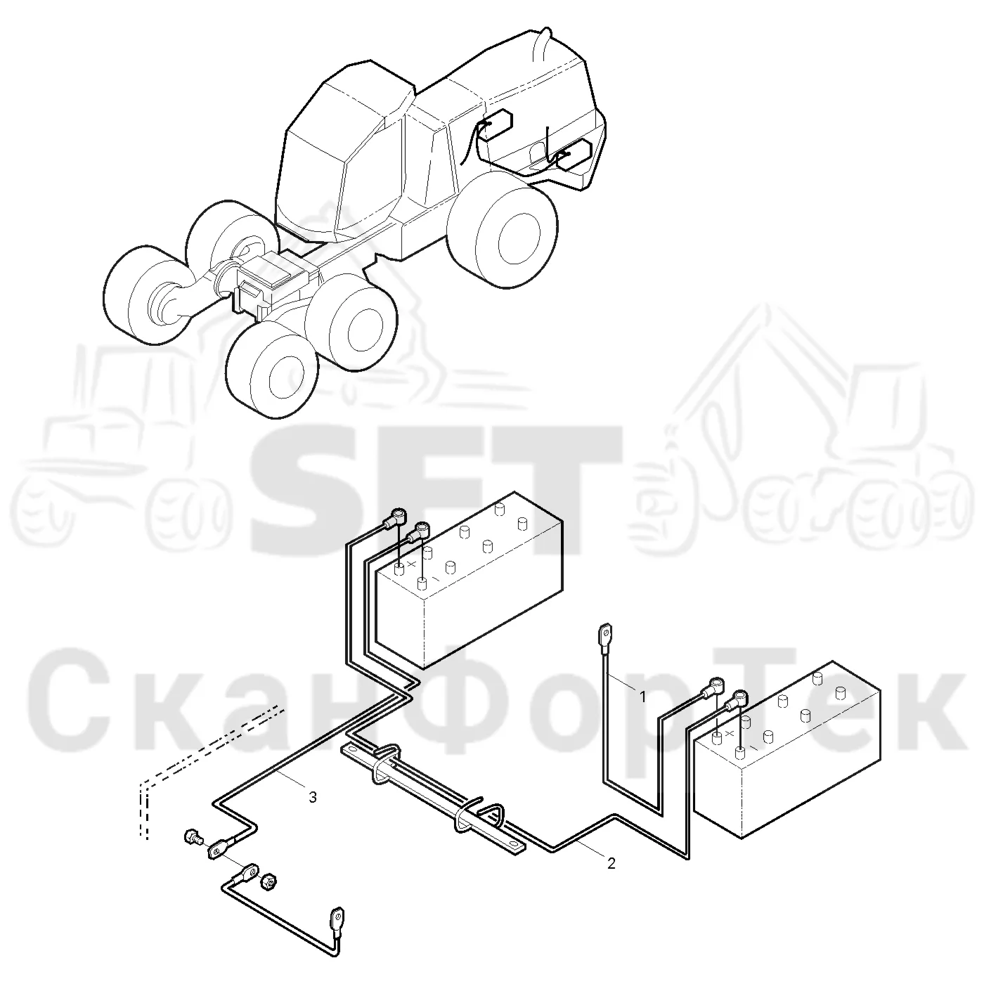 Схема: Valmet / Лесозаготовительные машины / Valmet 901.3 / Valmet 901.3 Ch. 311191- / Valmet 901.3 Ch. 311191- / Каталог запасных частей / шасси / Электрический Оборудование / Комплект электрооборудования аккумуляторной батареи 140 А-час