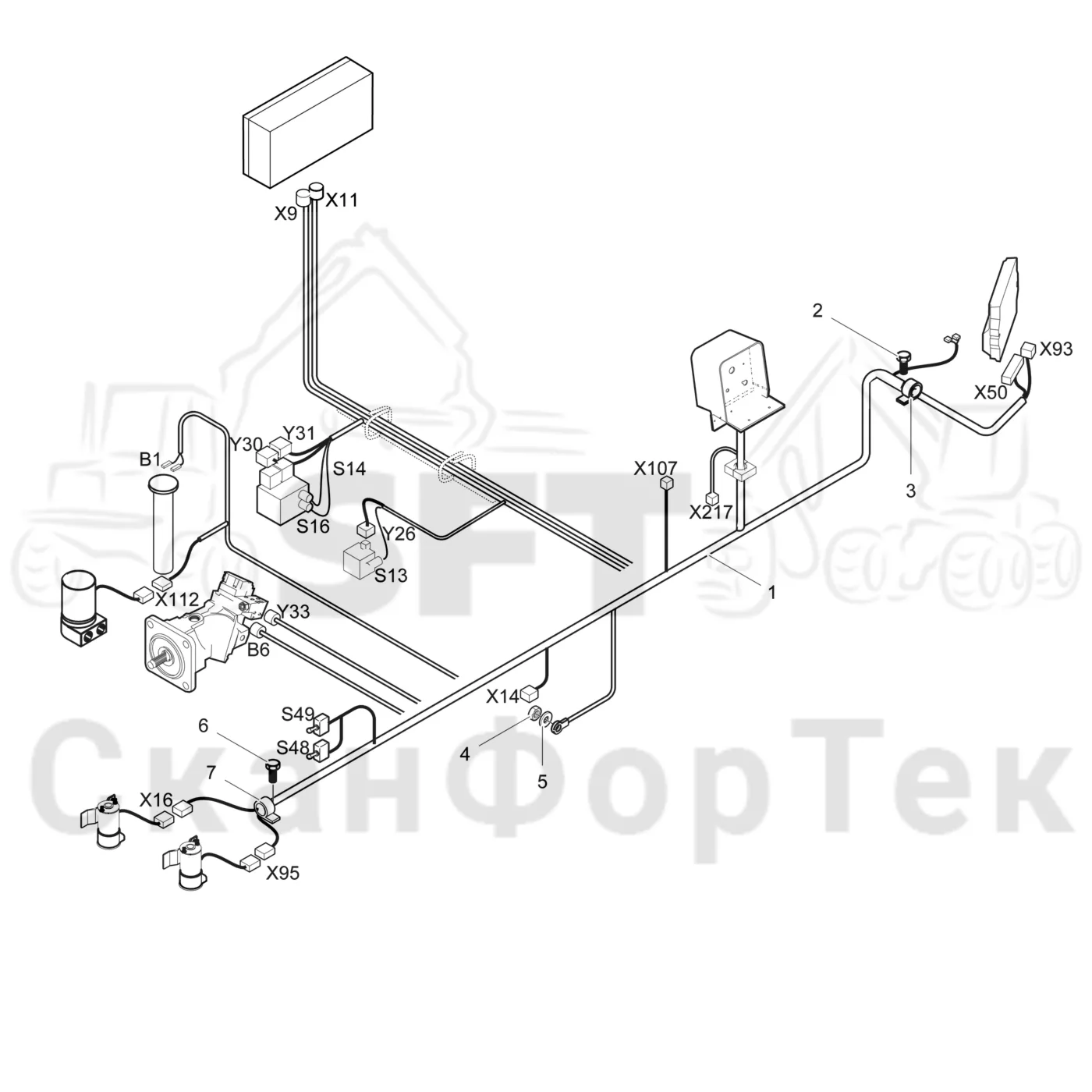 Схема: Valmet / Лесозаготовительные машины / Valmet 901.3 / Valmet 901.3 Ch. 311191- / Valmet 901.3 Ch. 311191- / Каталог запасных частей / шасси / Электрический Оборудование / Комплект кабелей левый