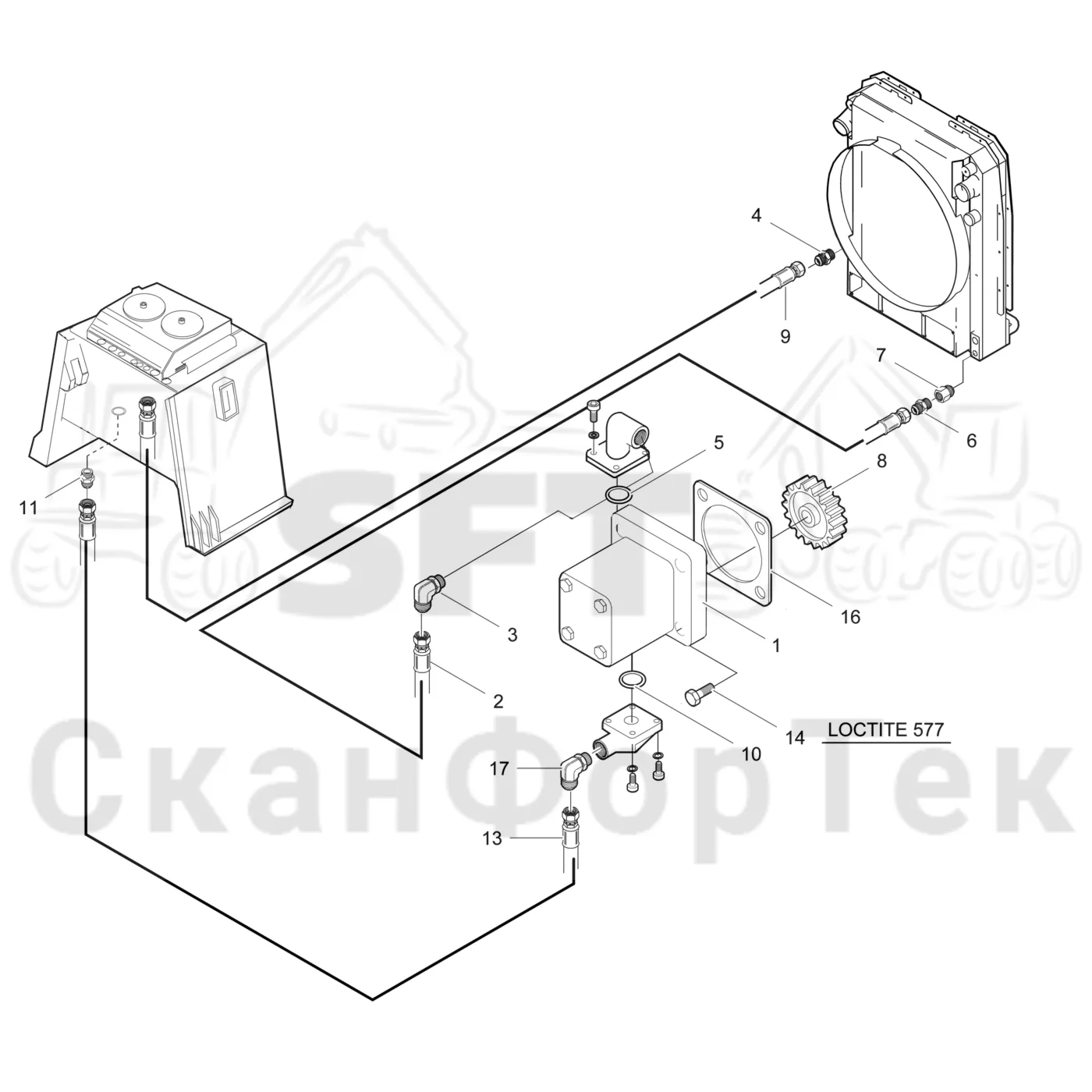 Схема: Valmet / Лесозаготовительные машины / Valmet 901.3 / Valmet 901.3 Ch. 311191- / Valmet 901.3 Ch. 311191- / Каталог запасных частей / Гидравлика / Система охлаждения масла / Масляный радиатор двухконтурный