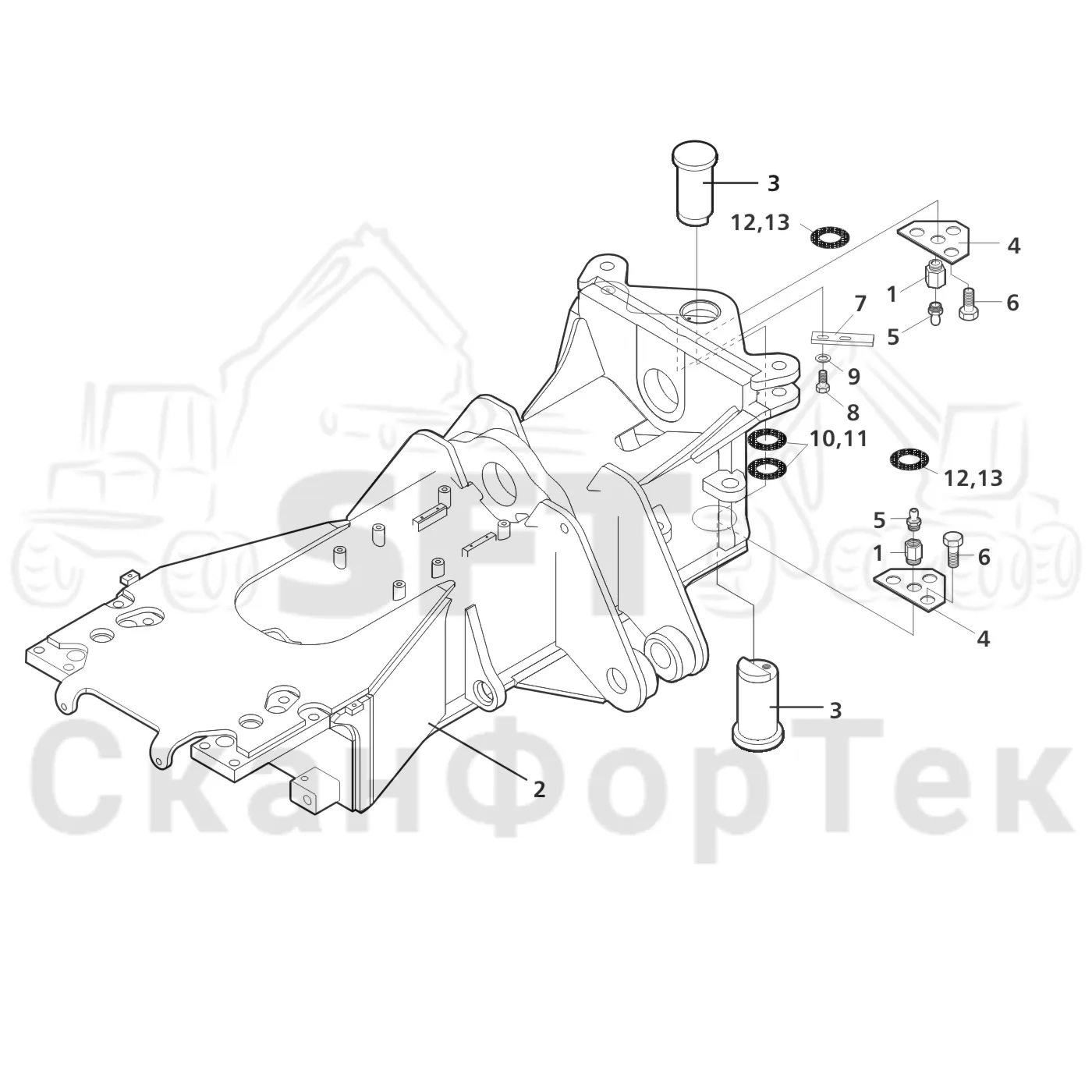 Схема: Valmet / Лесозаготовительные машины / Valmet 911.3 / Valmet 911.3 Ch 311371- / Valmet 911.3 Ch 311372- / Каталог запасных частей / шасси / Рамы / Передний комплект рамы, 6 колес