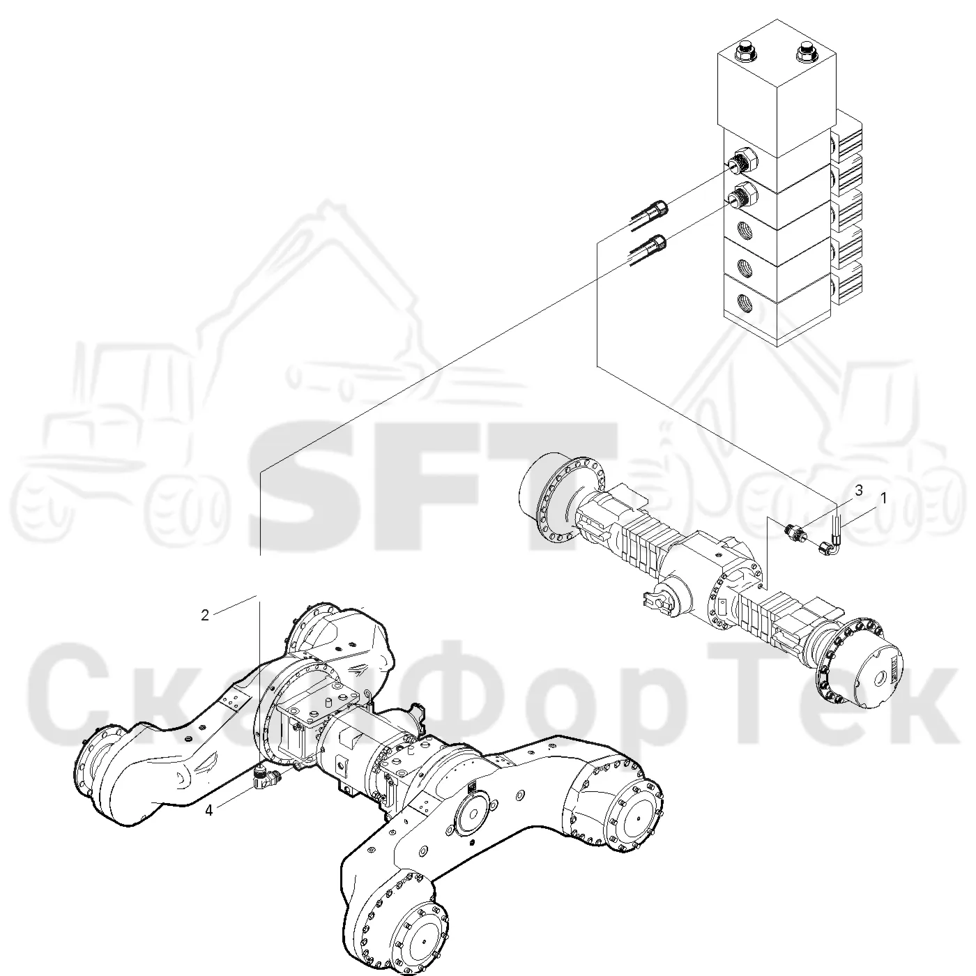 Схема: Valmet / Лесозаготовительные машины / Valmet 911.3 / Valmet 911.3 Ch 311371- / Valmet 911.3 Ch 311372- / Каталог запасных частей / Коробка передач / Блокировка дифференциала / Блокировка дифференциала на 6 колес