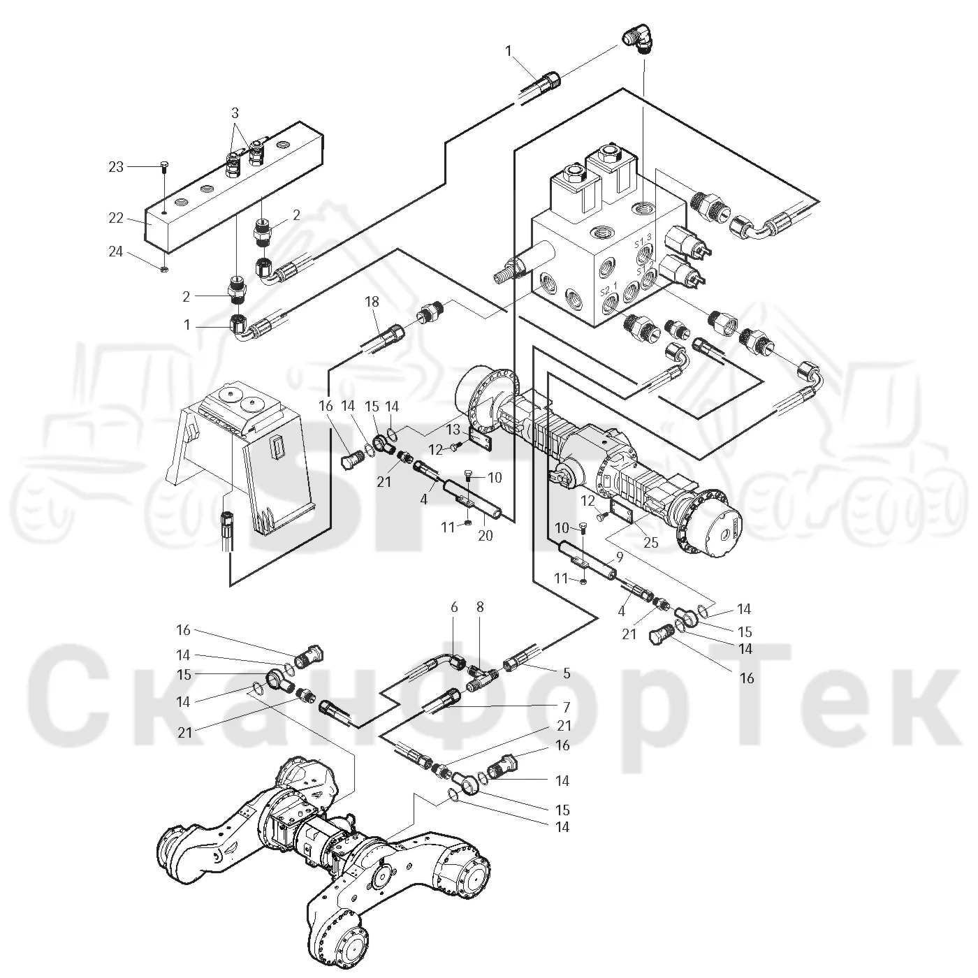 Схема: Valmet / Лесозаготовительные машины / Valmet 911.1 / Valmet 911.1 Ch -113010 / Valmet 911.1 Ch. -113010 / Каталог запасных частей / Тормоза / Тормоза на 6 колес / Полноприводная тормозная система на 6 колес гидравлика