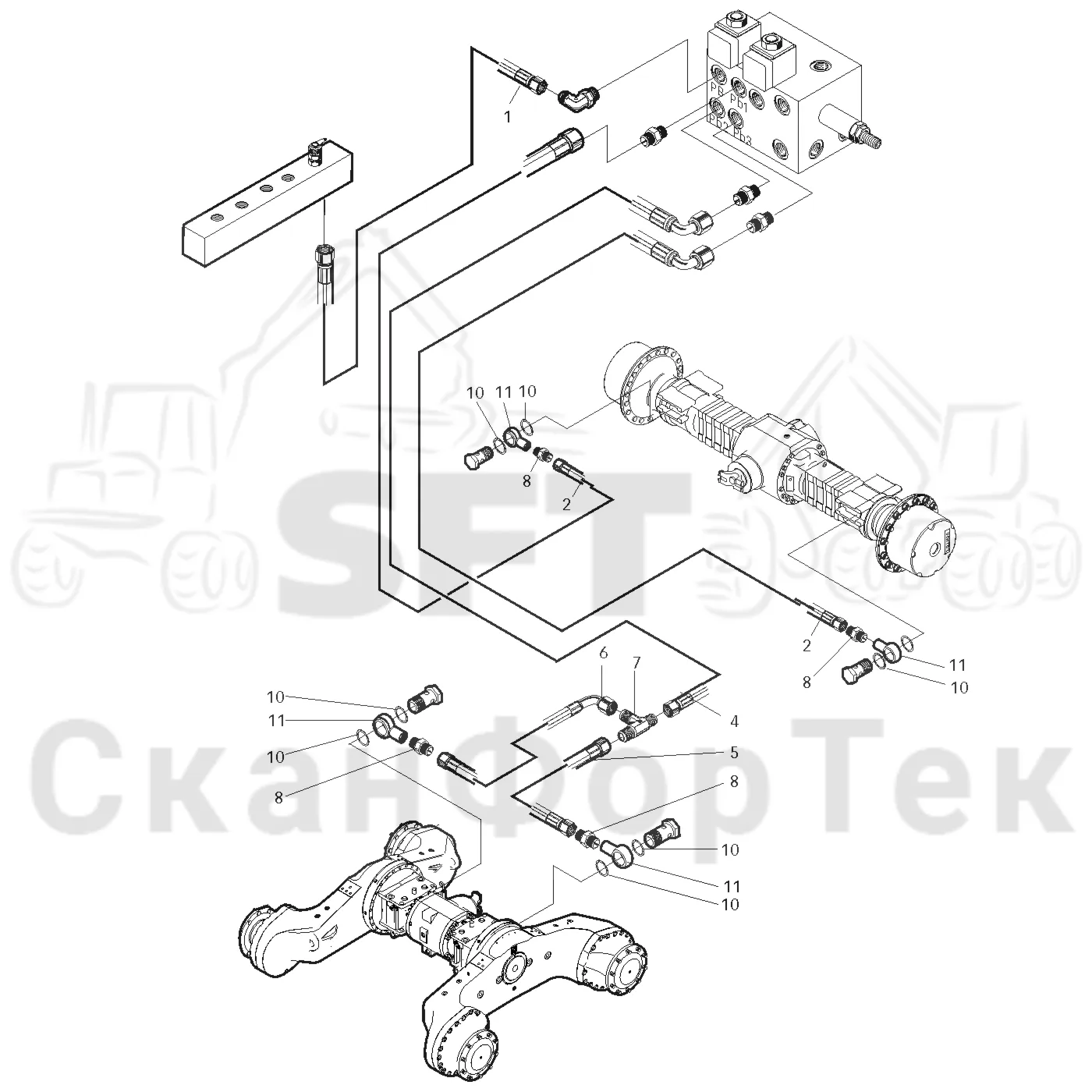 Схема: Valmet / Лесозаготовительные машины / Valmet 921.1 / Valmet 921.1 Ch. 113531- / Valmet 921.1 Ch. 113531- / Каталог запасных частей / Тормоза / Тормоза на 6 колес / Гидравлический стояночный тормоз на 6 колес