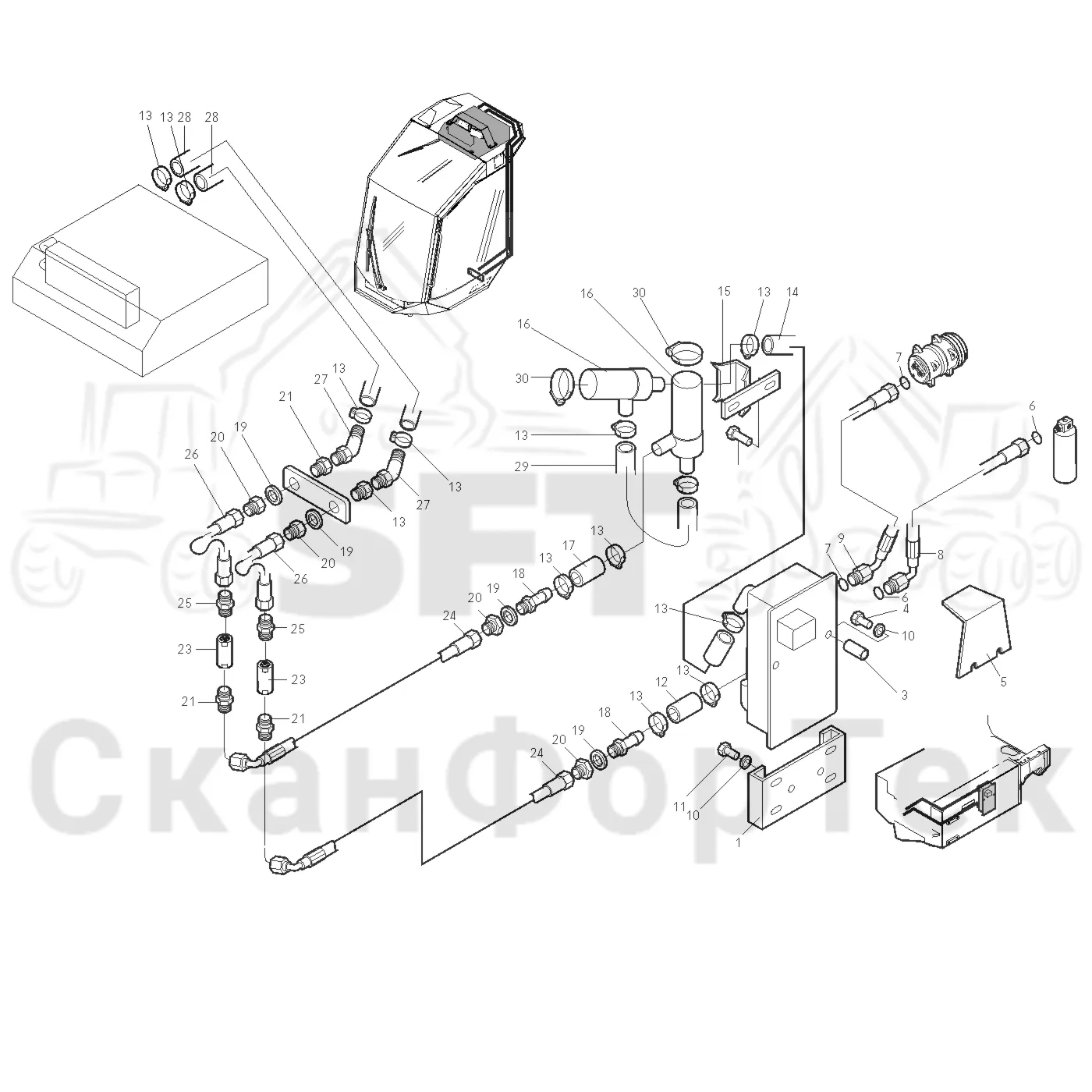 Схема: Valmet / Форвардер / Valmet 890.3 / Valmet 890.3 / Каталог запасных частей / Оборудование захвата / Захват / Valmet 901.2 Ch. -211060 / Каталог запасных частей / Кабина / Система обогрева и охлаждения / Охлаждение кабины
