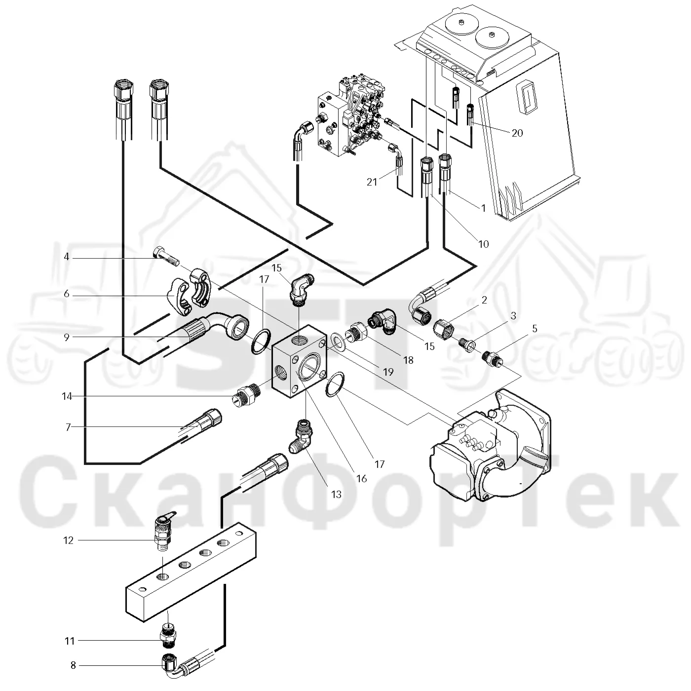 Схема: Valmet / Лесозаготовительные машины / Valmet 911.1 / Valmet 911.1 Ch 113011- / Valmet 911.1 Ch 113011- / Каталог запасных частей / Гидравлика / Клапан шасси / Система впуска-выпуска
