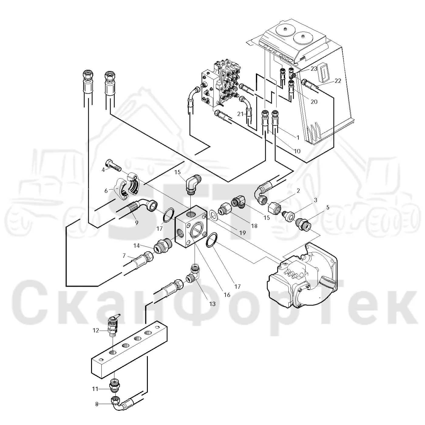 Схема: Valmet / Лесозаготовительные машины / Valmet 911.3 / Valmet 911.3 Ch - 311370 / Valmet 911.3 Ch - 311370 / Каталог запасных частей / Гидравлика / Клапан шасси / Система впуска-выпуска