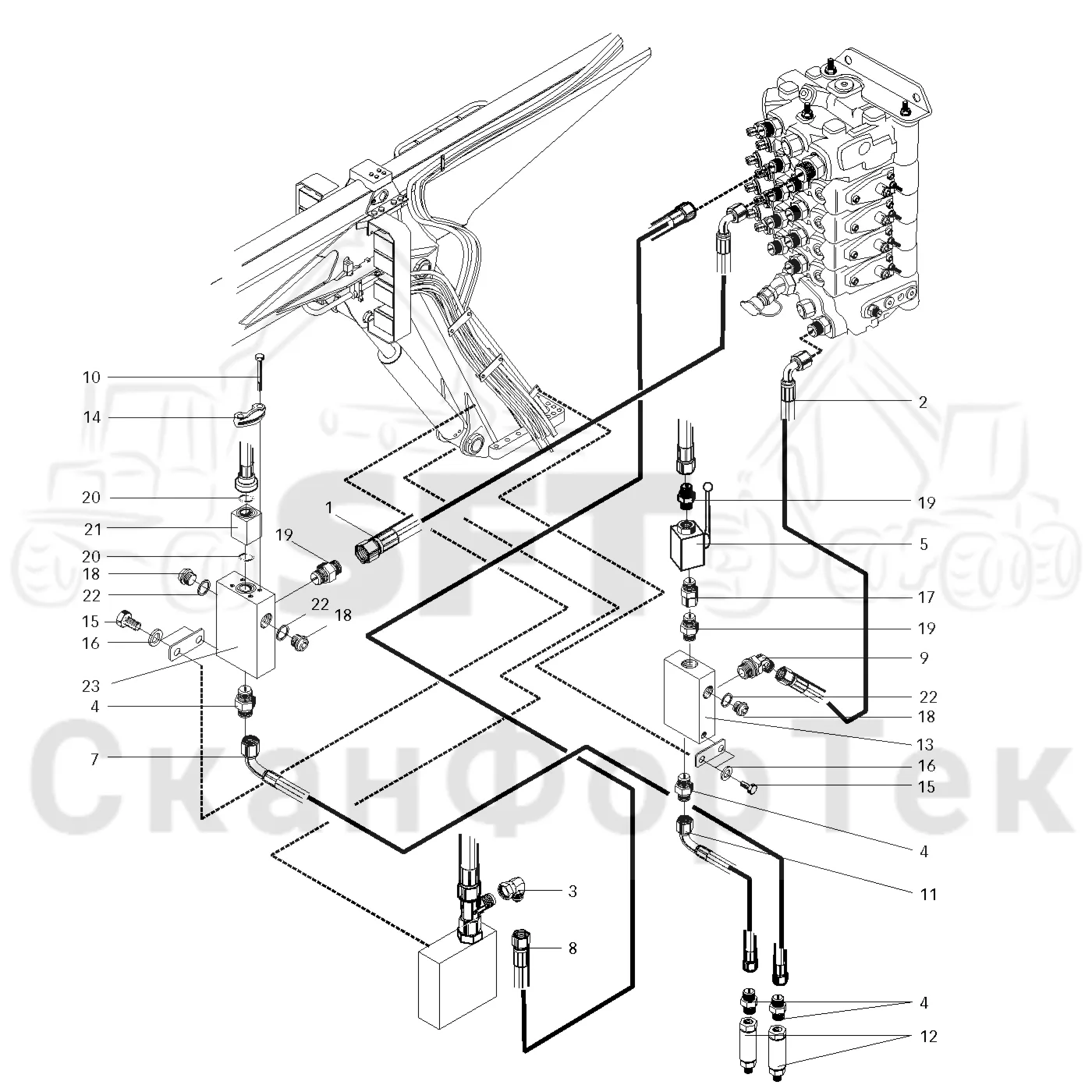 Схема: Valmet / Лесозаготовительные машины / Valmet 921.1 / Valmet 921.1  Ch. -113530 / Valmet 921.1  Ch. -113530 / Каталог запасных частей / Гидравлика / Клапан телескопических подъемных кранов / Входной-выходной , телескопический кран