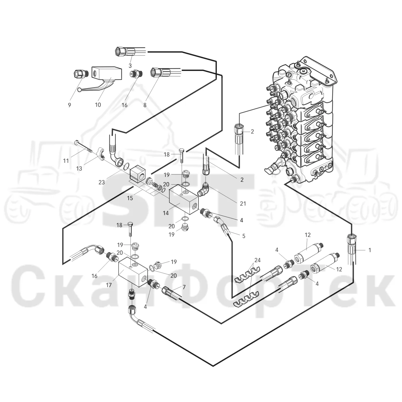 Схема: Valmet / Лесозаготовительные машины / Valmet 921 / Valmet 921 Ch 13271- / Valmet 921 Ch 13271- / Каталог запасных частей / Гидравлика / Клапан параллельных подъемных кранов / CRH 16 crane 300 head series / Система впуска-выпуска 11301-