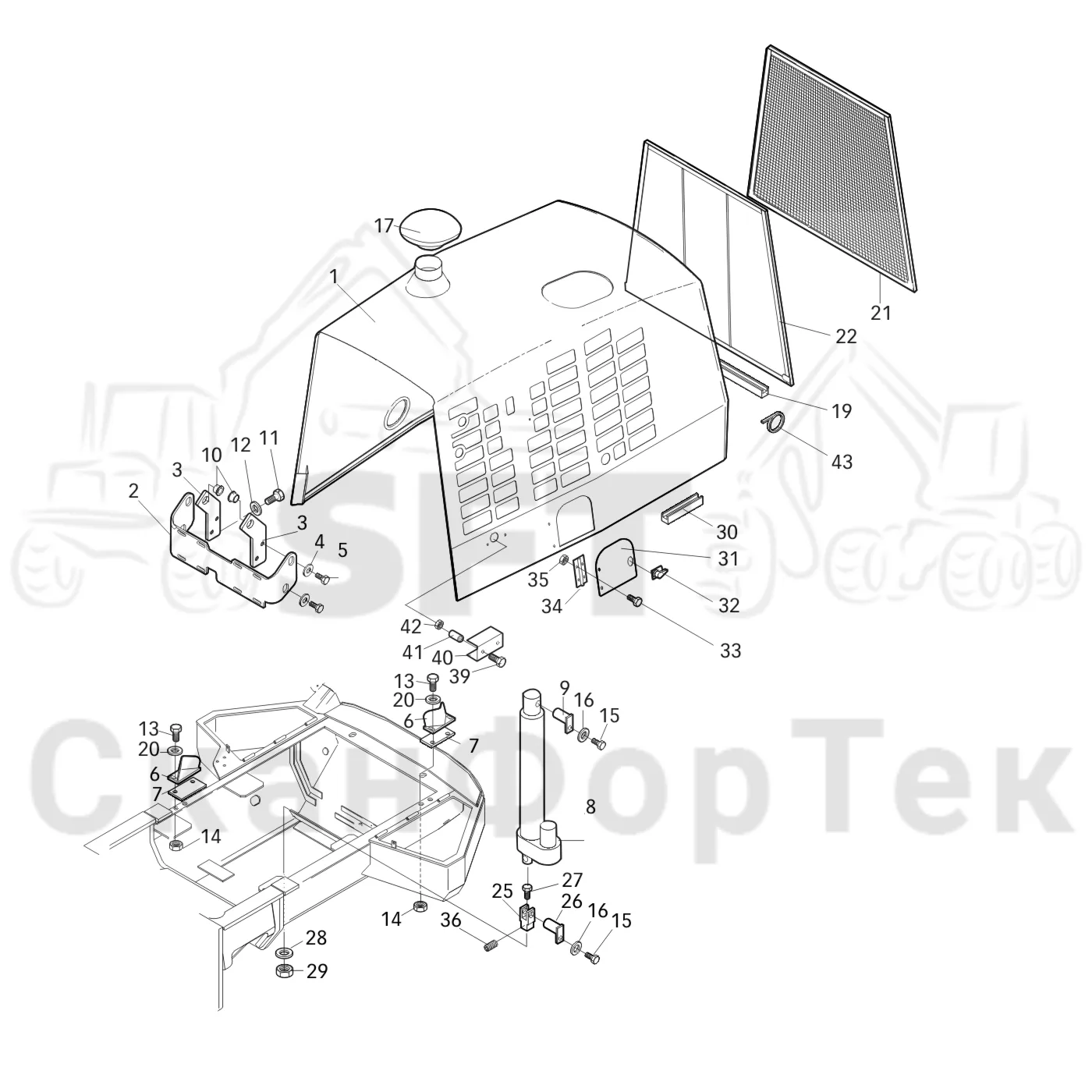 Схема: Valmet / Лесозаготовительные машины / Valmet 911.3 / Valmet 911.3  Ch 311371- / Valmet 911.3  Ch 311372- / Каталог запасных частей / шасси / Капоты / Капот двигателя Крышка