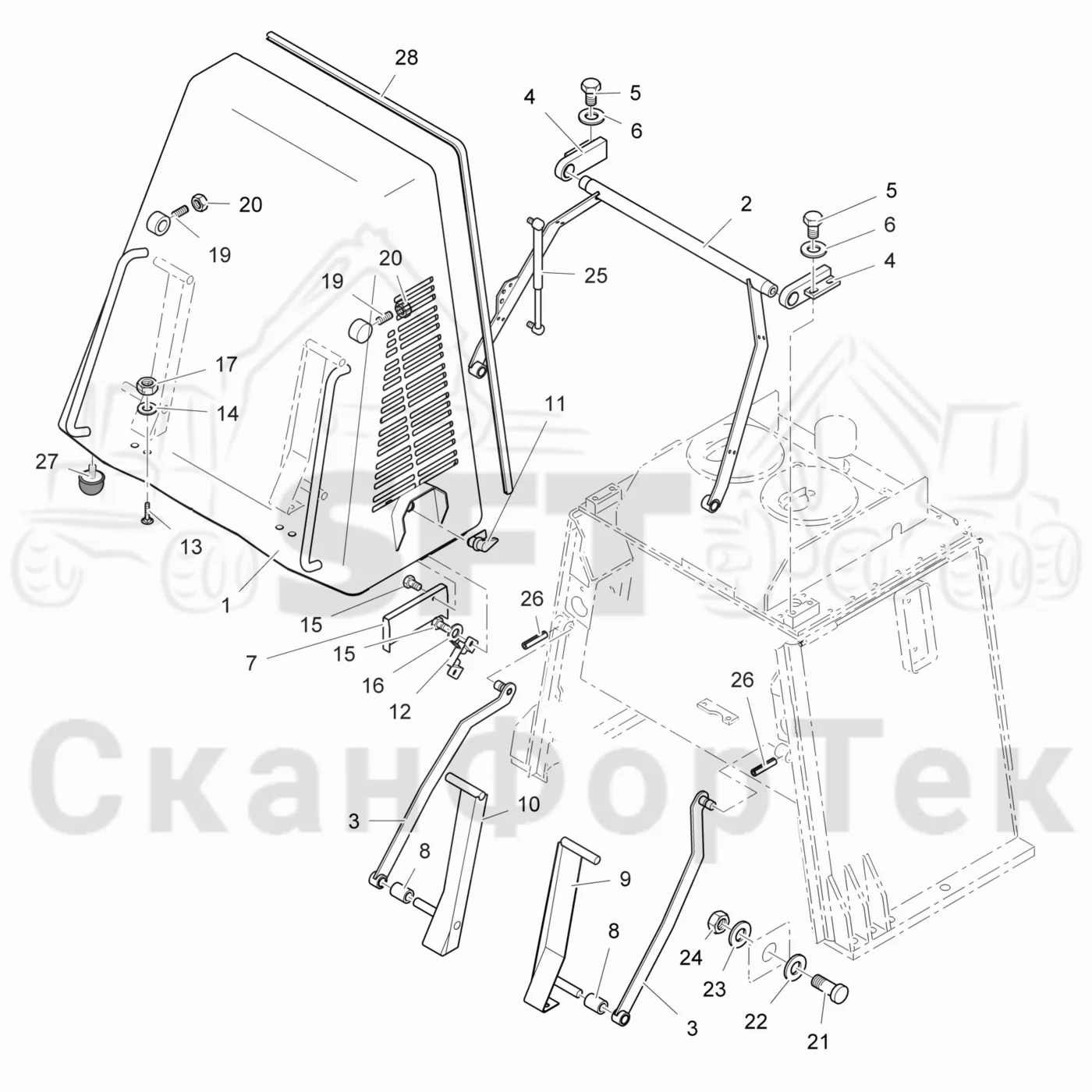 Схема: Komatsu / Лесозаготовительные машины / 901.4 / Каталог запасных частей / шасси / Капоты / Капоты, бак гидравлики