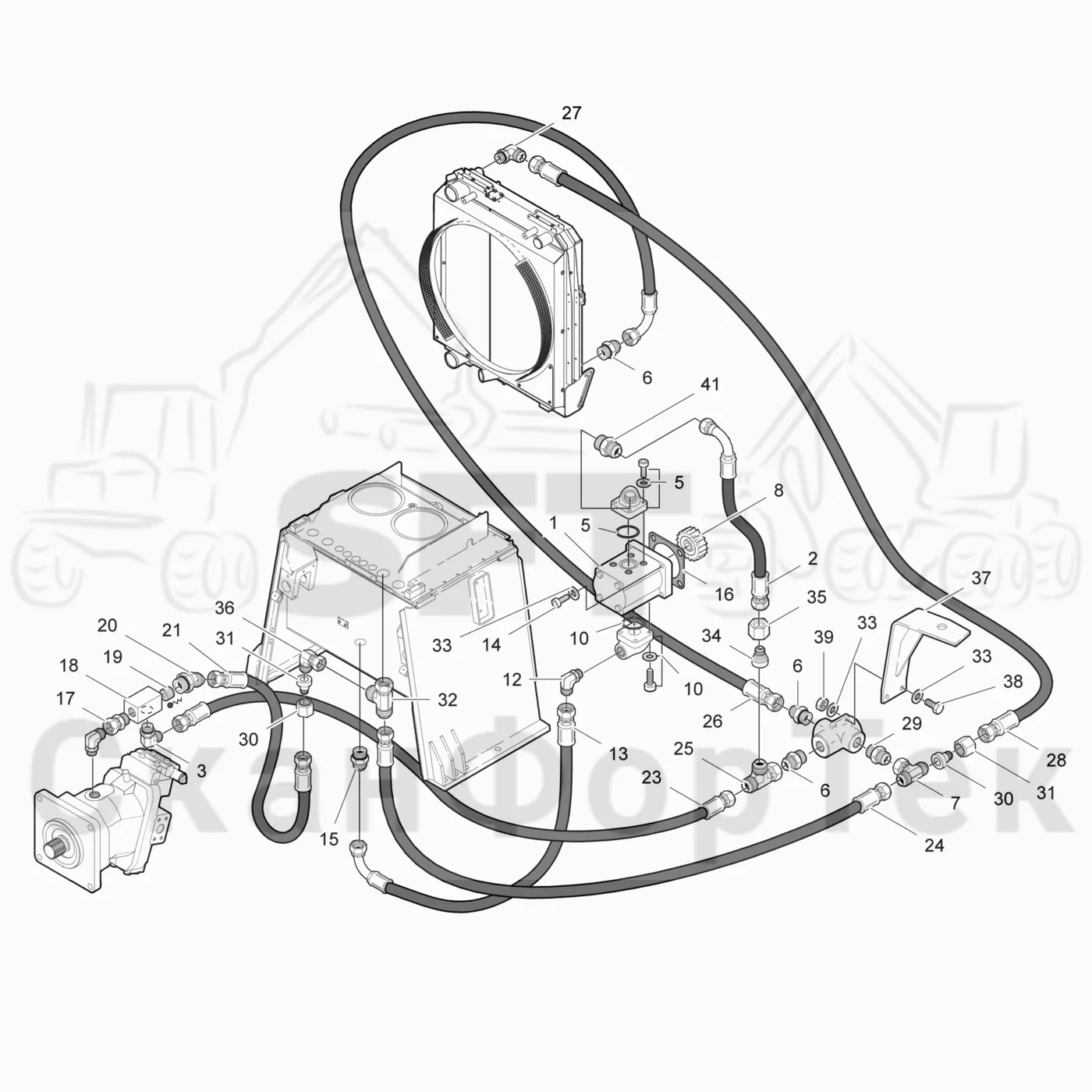 Схема: Valmet / Лесозаготовительные машины / Valmet 911.3 / Valmet 911.3 Ch 311371- / Valmet 911.3 Ch 311372- / Каталог запасных частей / Гидравлика / Система охлаждения масла / Масляный радиатор двухконтурный