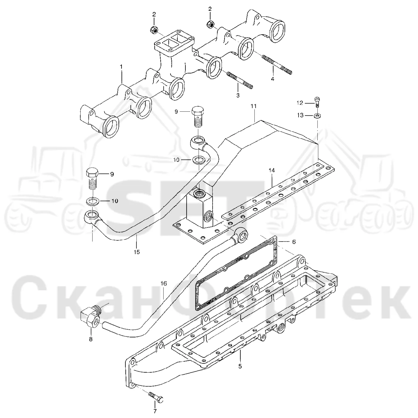 Схема: Valmet / Лесозаготовительные машины / Valmet 921 / Valmet 921 Ch -13270 / Valmet 921 Ch -13270 / Каталог запасных частей / Двигатель / Впуск - выпуск / Впускной и выпускной коллектор