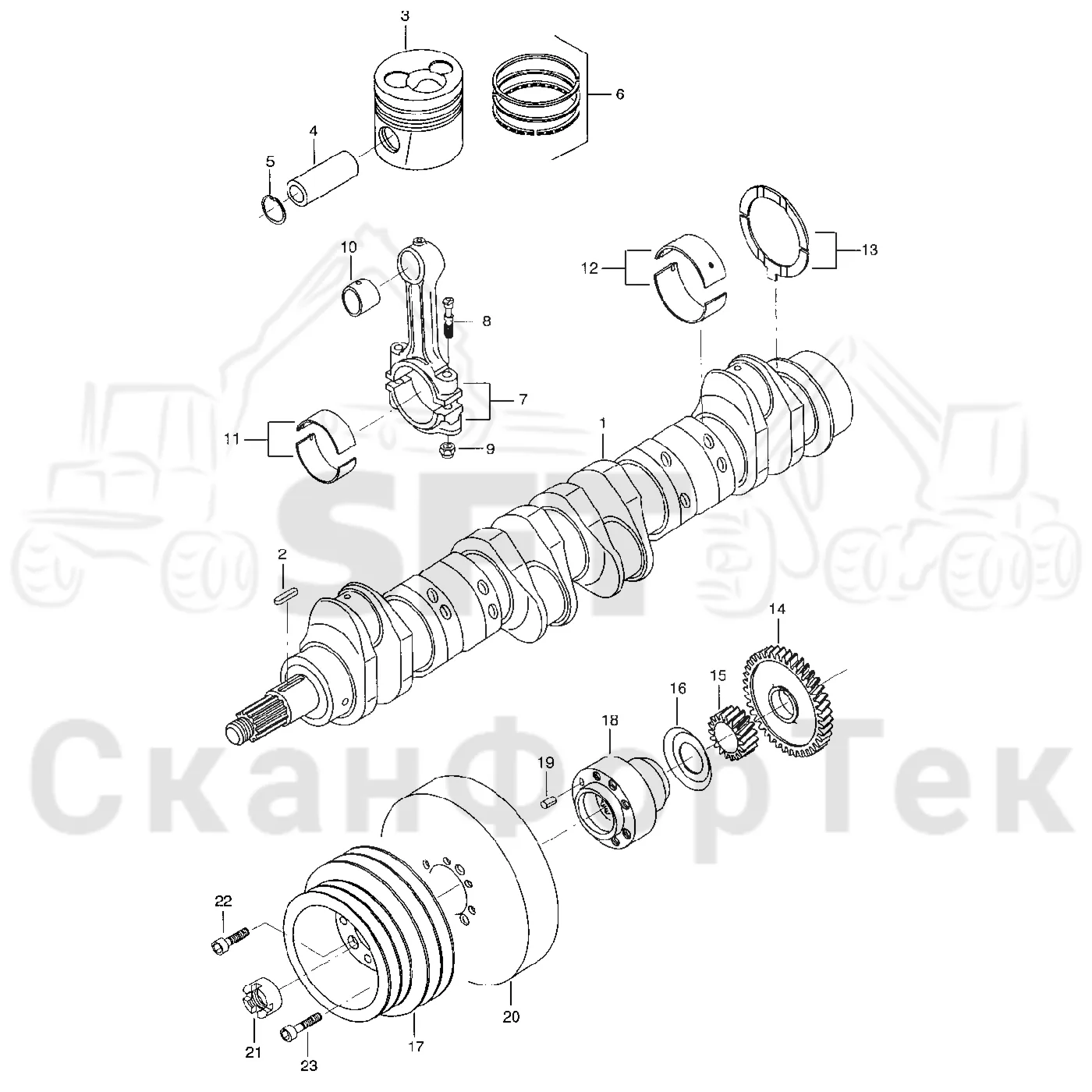 Схема: Valmet / Форвардер / Valmet 890.1 / Valmet 890.1 Ch. -117350, -119440 / Valmet 890.1 Ch. -117350, -11 / Каталог запасных частей / Двигатель / Блок двигателя / Коленвал