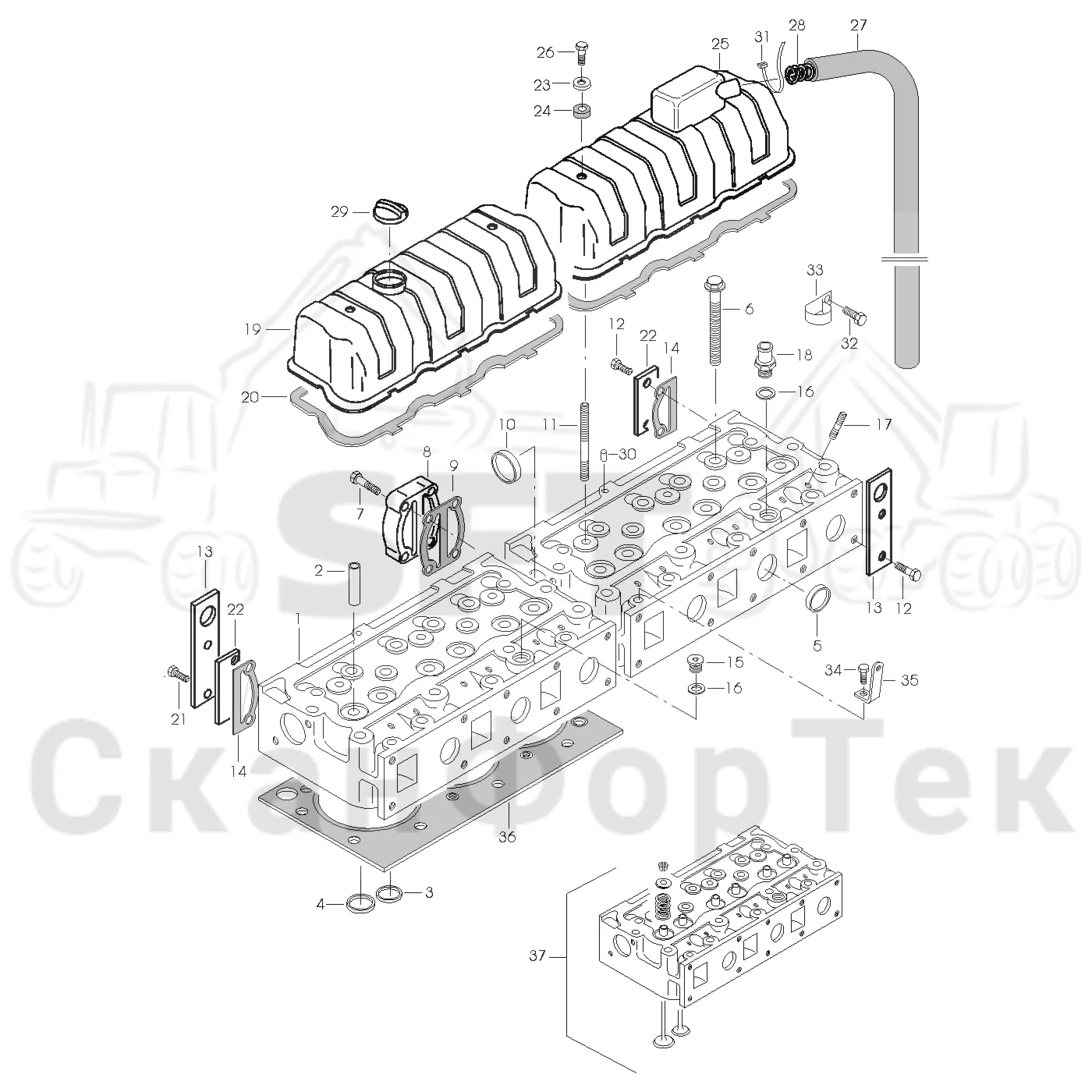 Схема: Valmet / Форвардер / Valmet 890.1 / Valmet 890.1 Ch. -117350, -119440 / Valmet 890.1 Ch. -117350, -11 / Каталог запасных частей / Двигатель / Блок двигателя / Головка цилиндра