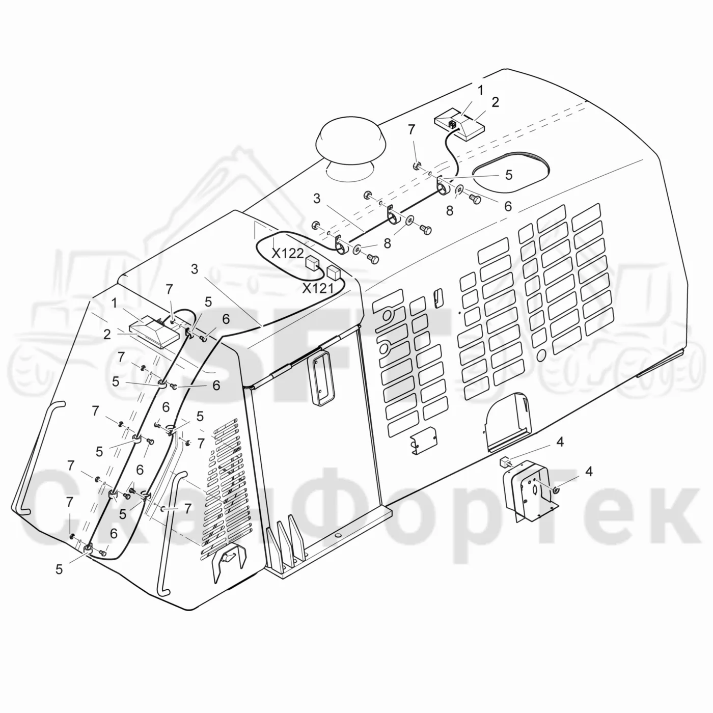 Схема: Valmet / Лесозаготовительные машины / Valmet 901.4 / Valmet 901.4 / Каталог запасных частей / шасси / Капоты / Отсек двигателя, лампы