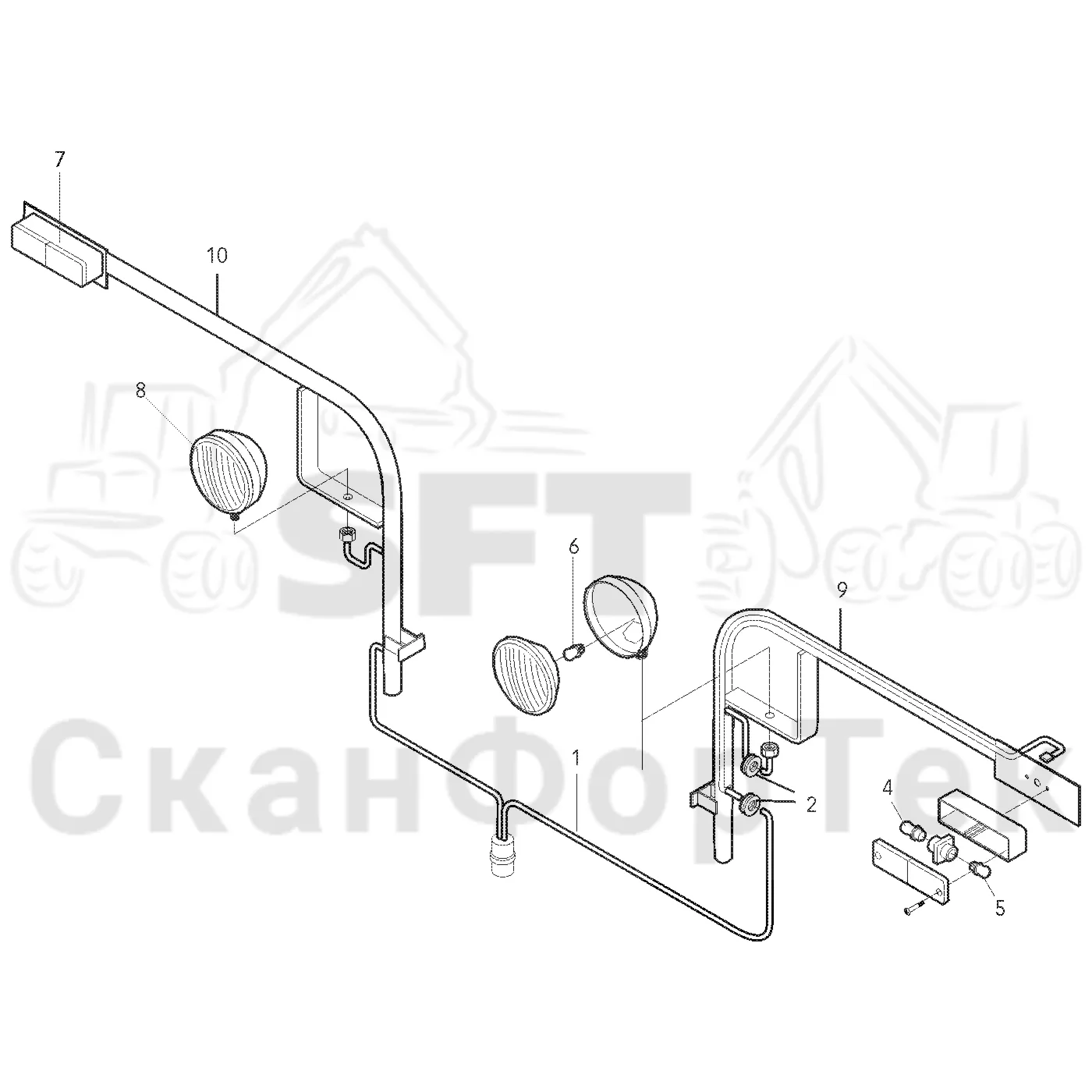 Схема: Valmet / Лесозаготовительные машины / Valmet 901.3 / Valmet 901.3 Ch -311190 / Valmet 901.3 Ch -311190 / Каталог запасных частей / шасси / Электрический Оборудование / Освещение дороги / Переднее освещение