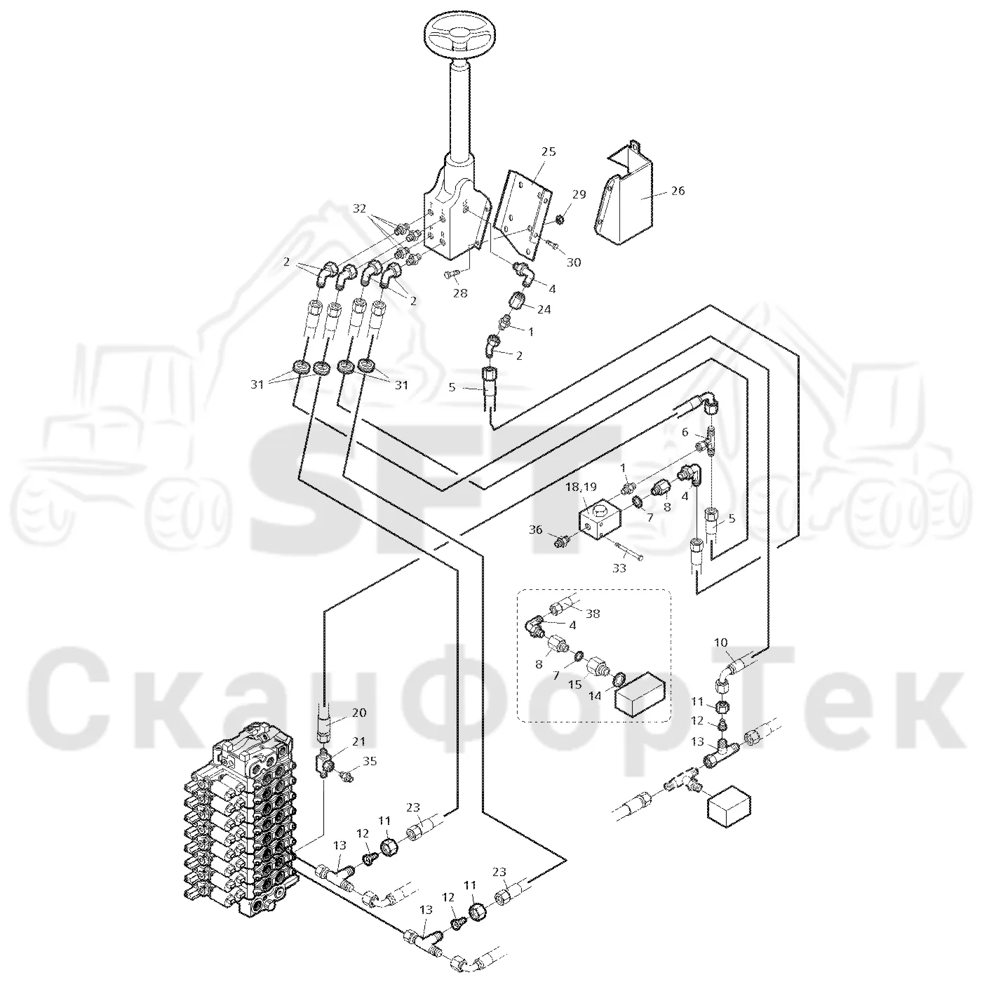 Схема: Valmet / Лесозаготовительные машины / Valmet 921 / Valmet 921 Ch -13270 / Valmet 921 Ch -13270 / Каталог запасных частей / Рулевое управление / Рулевое управление Orbitrol / Гидравлическое оборудование рулевого управления Orbitrol