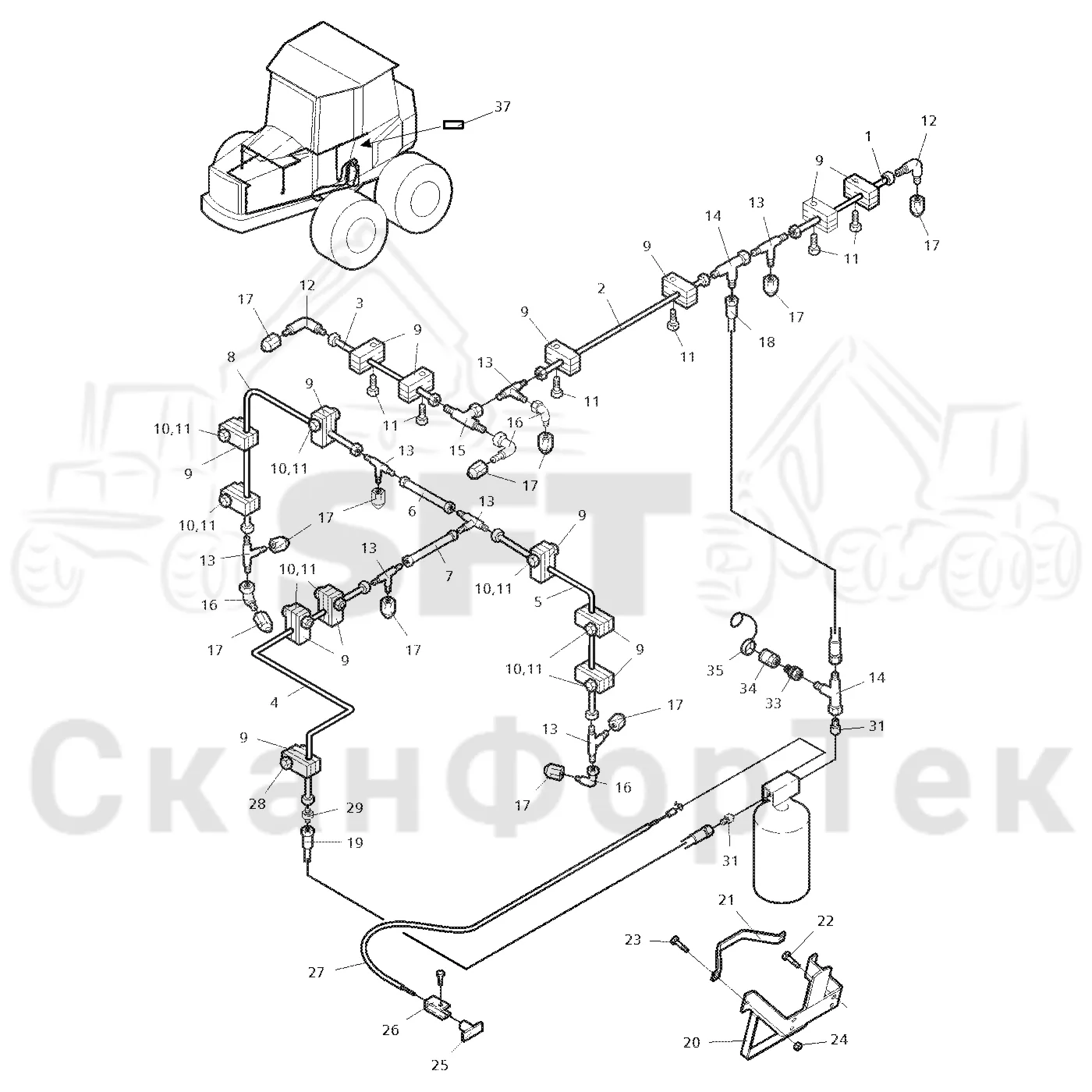 Схема: Valmet / Форвардер / Valmet 860.1 / Valmet 860.1 Ch. 115421- / Valmet 860.1 Ch. 115421- / Каталог запасных частей / шасси / Пожаротушение / Трубопровод пожаротушения