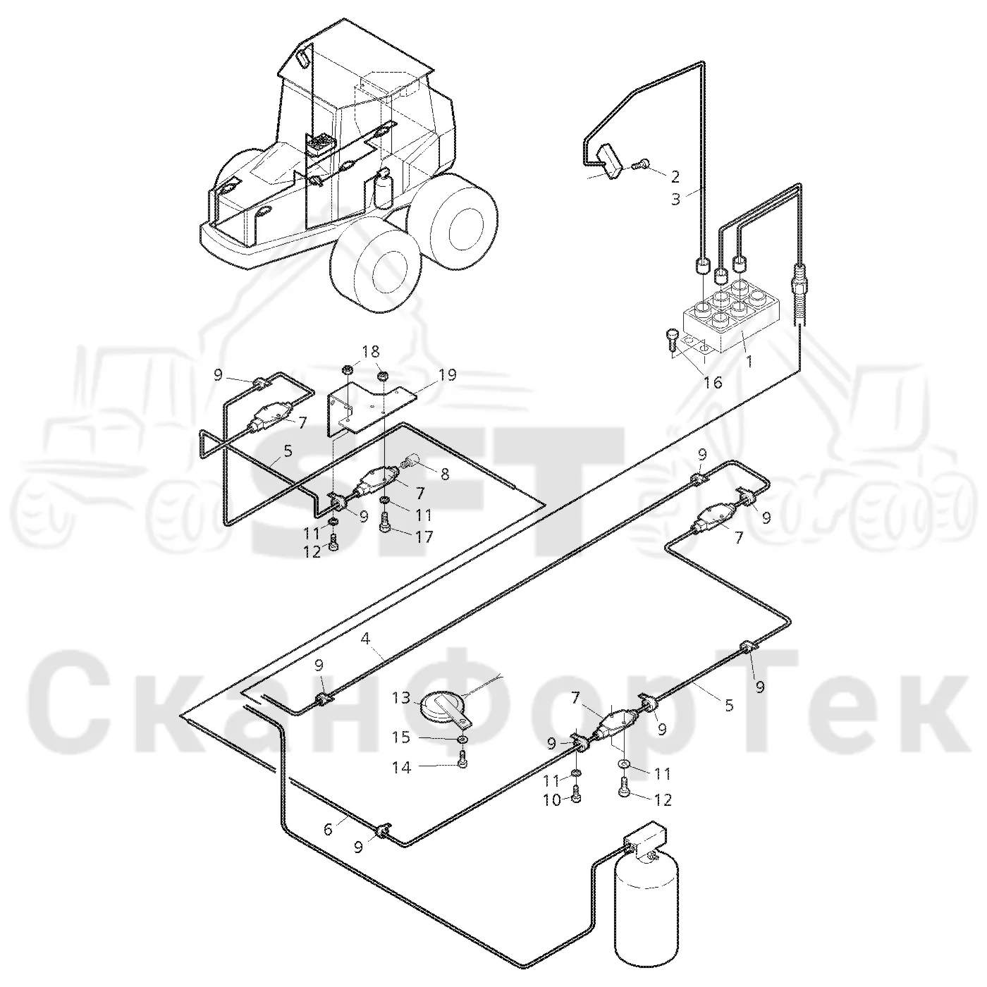 Схема: Valmet / Форвардер / Valmet 860.1 / Valmet 860.1 Ch. -115420 / Valmet 860.1 Ch. -115420 / Каталог запасных частей / шасси / Пожаротушение / Комплект электрооборудования пожаротушения