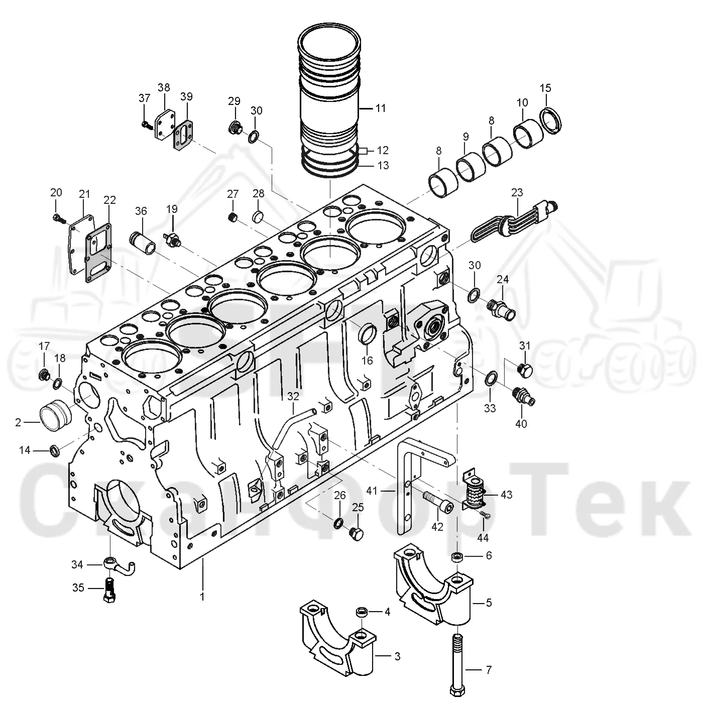 Схема: Valmet / Форвардер / Valmet 890.1 / Valmet 890.1 Ch. 117351-, 119441- / Valmet 890.1 Ch. 117351-, 119 / Каталог запасных частей / Двигатель / Блок двигателя / Блок цилиндров