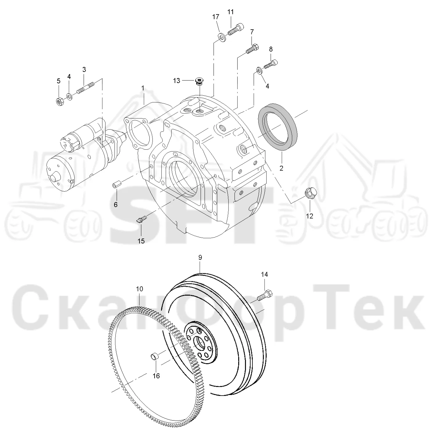 Схема: Valmet / Форвардер / Valmet 890.1 / Valmet 890.1 Ch. 117351-, 119441- / Valmet 890.1 Ch. 117351-, 119 / Каталог запасных частей / Двигатель / Блок двигателя / Корпус маховика