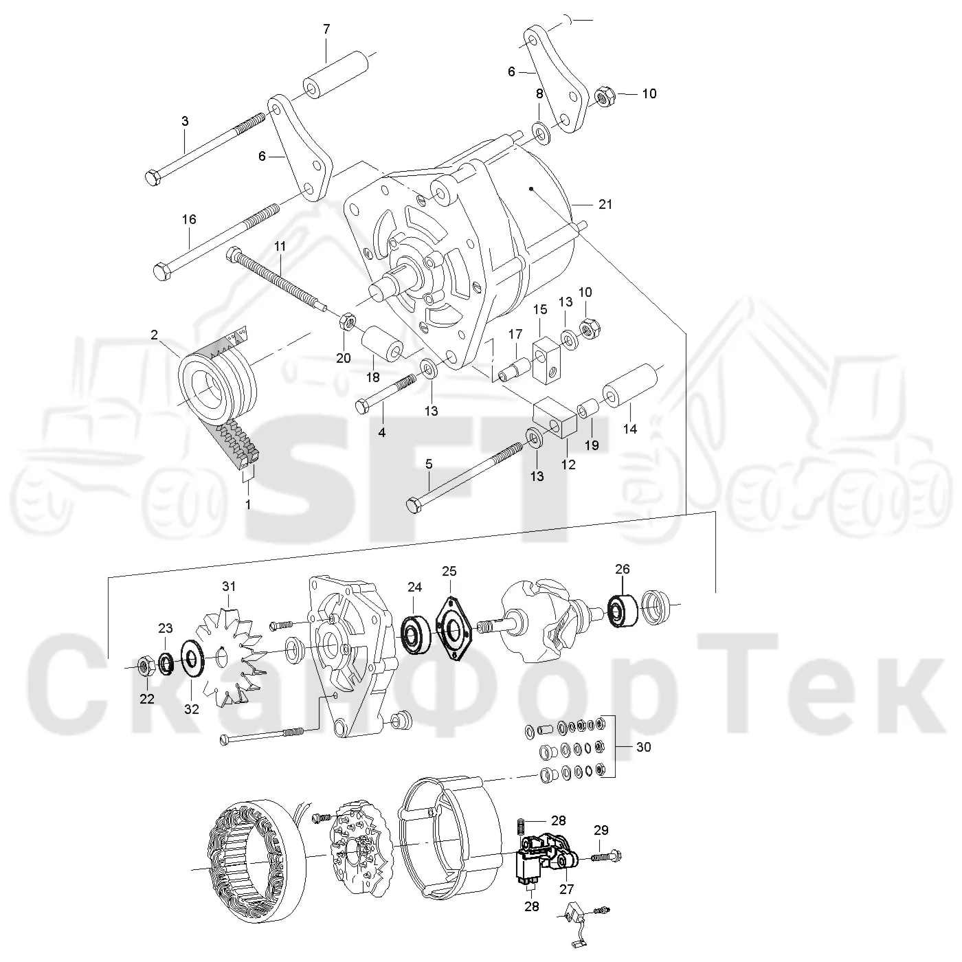 Схема: Valmet / Лесозаготовительные машины / Valmet 921 / Valmet 921 Ch 13271- / Valmet 921 Ch 13271- / Каталог запасных частей / Двигатель / Генератор переменного тока / Генератор переменного тока нижний