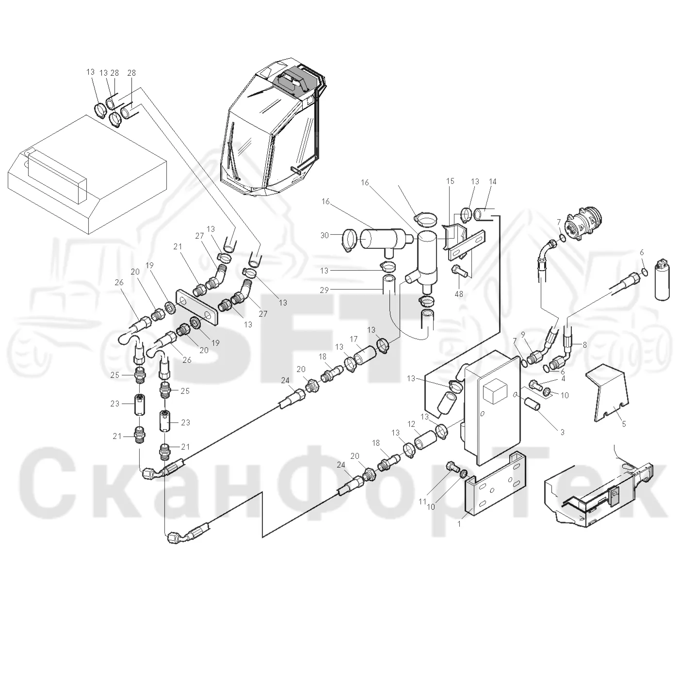 Схема: Valmet / Лесозаготовительные машины / Valmet 921 / Valmet 921 Ch 13271- / Valmet 921 Ch 13271- / Каталог запасных частей / Кабина / Система обогрева и охлаждения / Охлаждение кабины