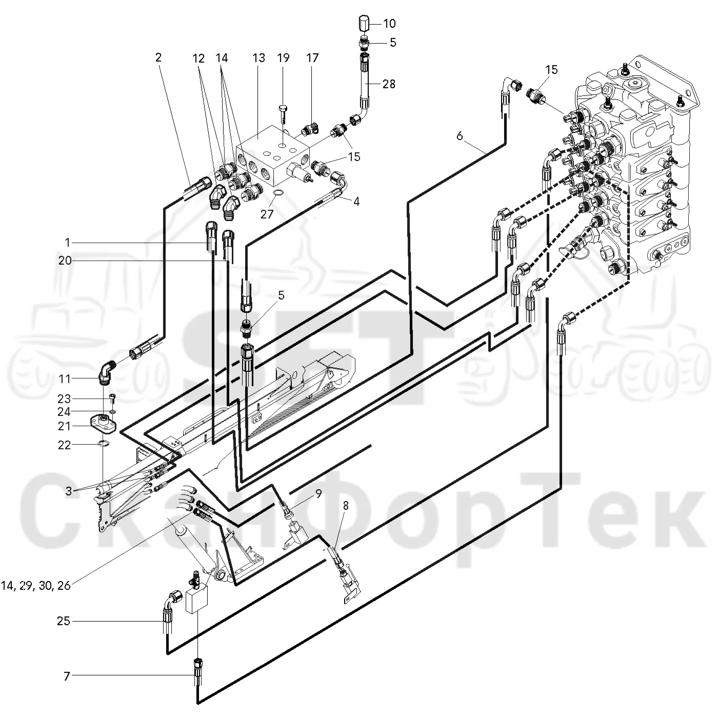 Схема: Valmet / Лесозаготовительные машины / Valmet 921.1 / Valmet 921.1  Ch. -113530 / Valmet 921.1  Ch. -113530 / Каталог запасных частей / Подъемный кран / Базовая гидравлика / Протягивание шланга на телескопическом кране