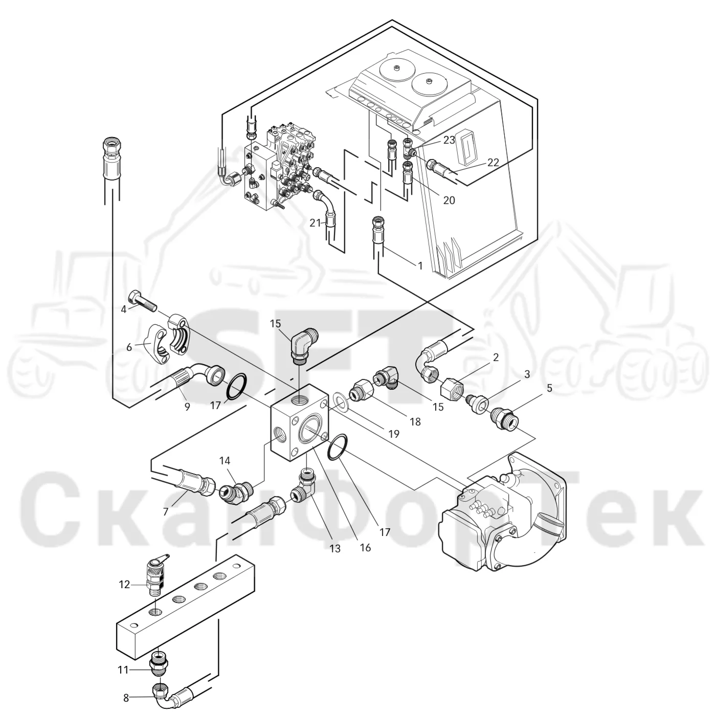 Схема: Valmet / Лесозаготовительные машины / Valmet 921.1 / Valmet 921.1 Ch. 113531- / Valmet 921.1 Ch. 113531- / Каталог запасных частей / Гидравлика / Клапан шасси / Система впуска-выпуска