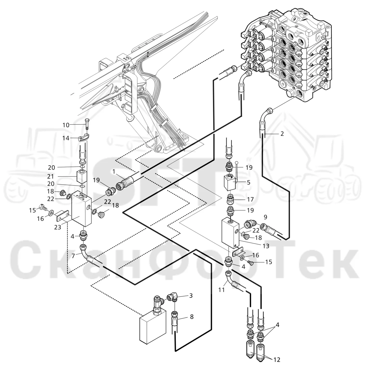 Схема: Valmet / Лесозаготовительные машины / Valmet 921.1 / Valmet 921.1 Ch. 113531- / Valmet 921.1 Ch. 113531- / Каталог запасных частей / Гидравлика / Клапан телескопических подъемных кранов / Входной-выходной , телескопический кран