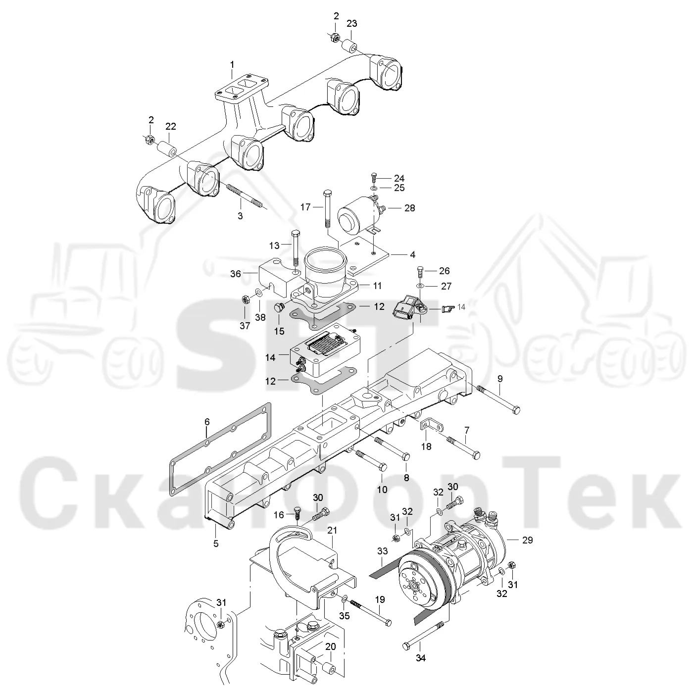 Схема: Valmet / Лесозаготовительные машины / Valmet 941 / Valmet 941 Ch -12070 / Valmet 941 Ch -12070 / Каталог запасных частей / Двигатель / Впуск - выпуск / Впускной и выпускной коллектор