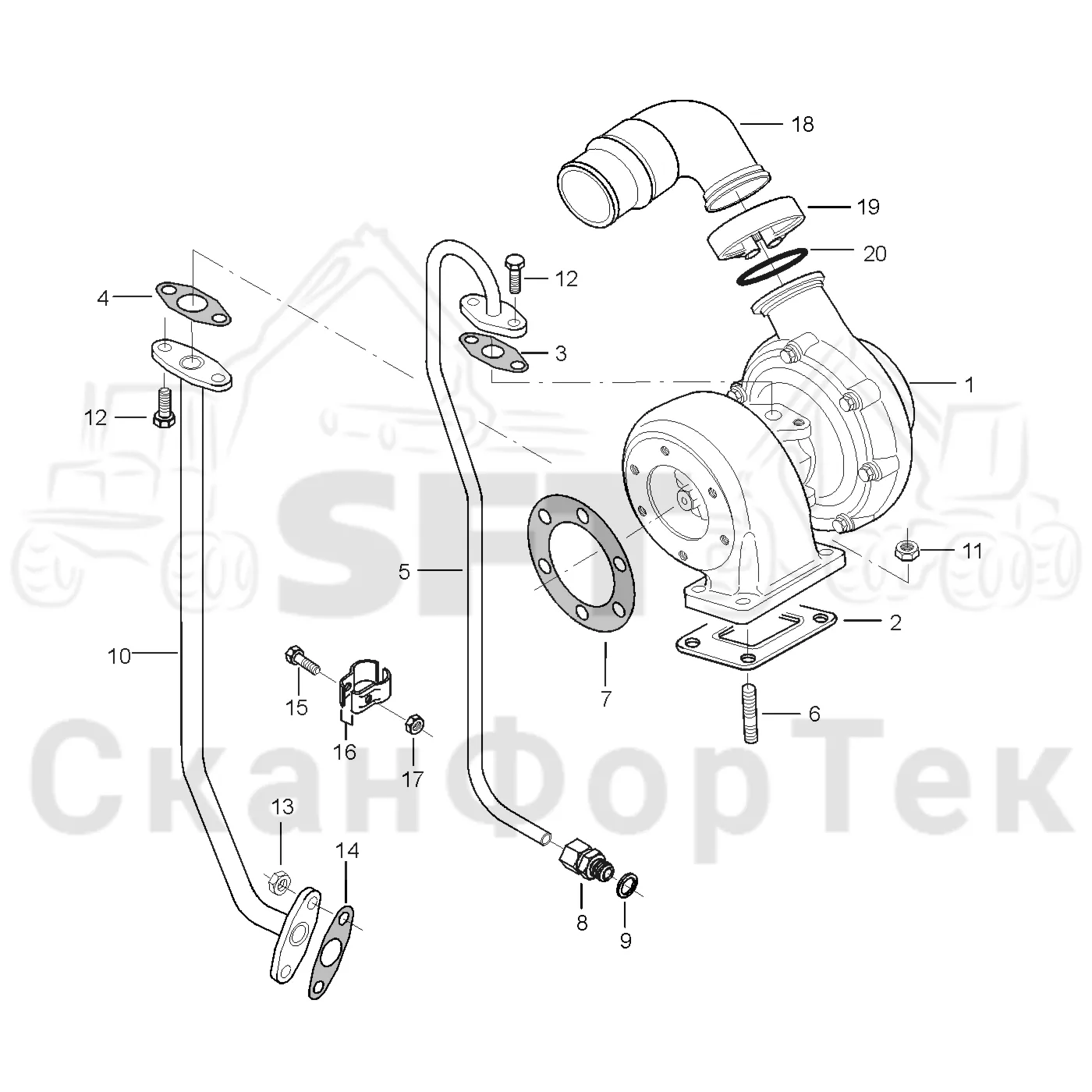 Схема: Valmet / Лесозаготовительные машины / Valmet 941 / Valmet 941 Ch -12070 / Valmet 941 Ch -12070 / Каталог запасных частей / Двигатель / Впуск - выпуск / Трубопроводы к турбоагрегату