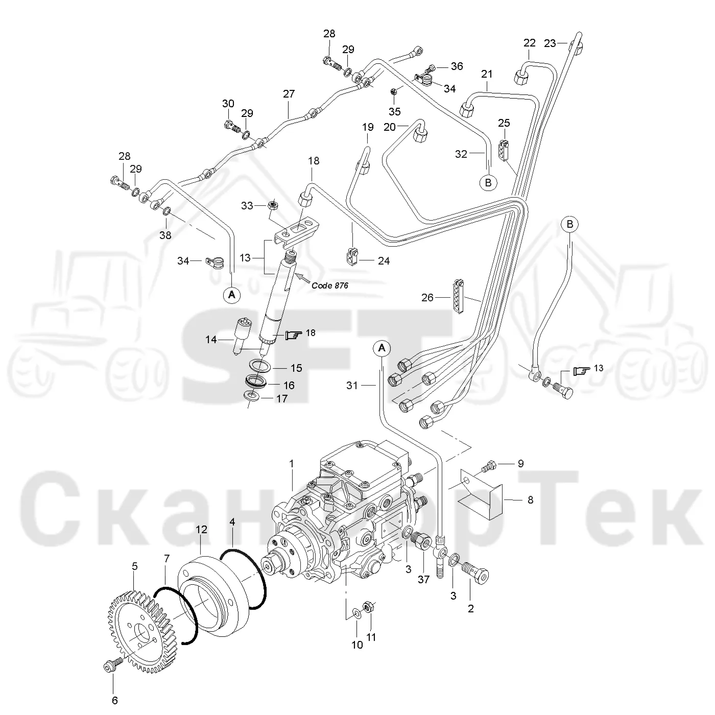 Схема: Valmet / Лесозаготовительные машины / Valmet 941 / Valmet 941 Ch -12070 / Valmet 941 Ch -12070 / Каталог запасных частей / Двигатель / Топливная система / Инжекторный насос