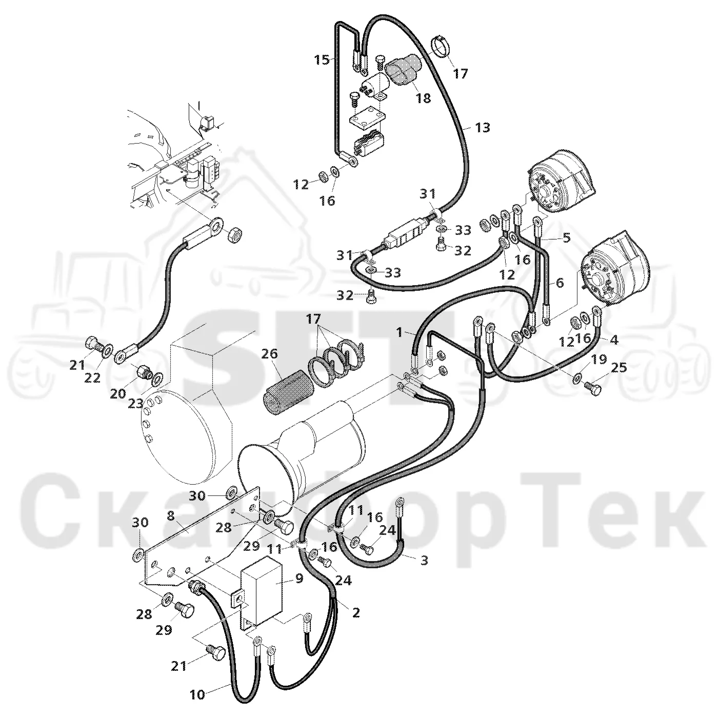 Схема: Valmet / Лесозаготовительные машины / Valmet 941 / Valmet 941 Ch 12071- / Valmet 941 Ch 12071- / Каталог запасных частей / Двигатель / Электродвигатель стартера / Комплект электрооборудования электродвигателя стартера