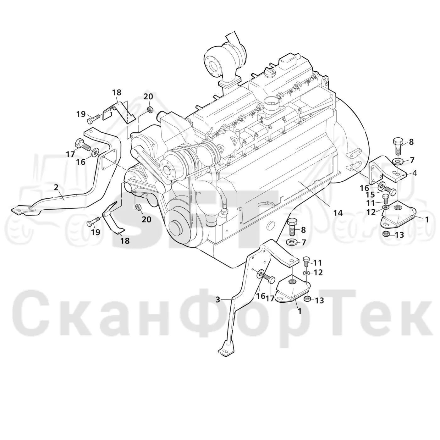 Схема: Valmet / Лесозаготовительные машины / Valmet 941 / Valmet 941 Ch -12070 / Valmet 941 Ch -12070 / Каталог запасных частей / Двигатель / Установка двигателя / Установка двигателя