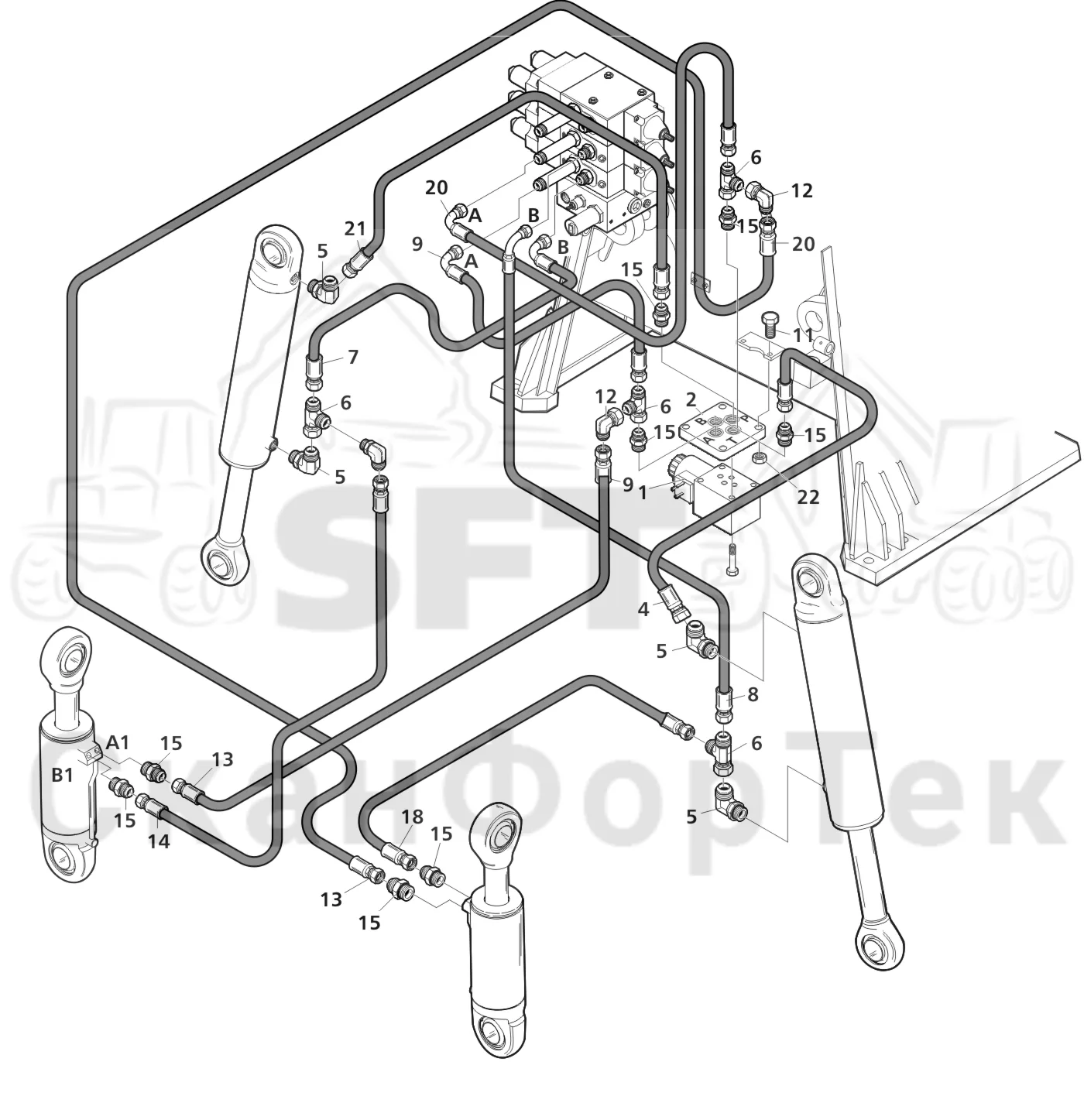 Схема: Valmet / Лесозаготовительные машины / Valmet 941 / Valmet 941 Ch -12070 / Valmet 941 Ch -12070 / Каталог запасных частей / шасси / Оборудование наклона / Гидравлическое оборудование наклона