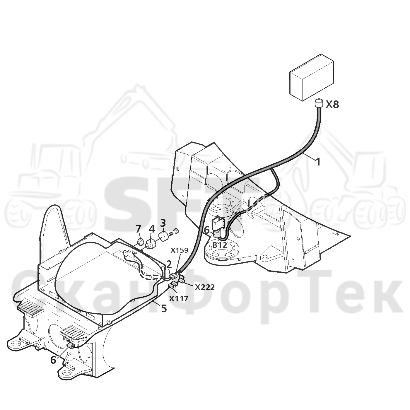 Схема: Valmet / Лесозаготовительные машины / Valmet 941 / Valmet 941 Ch -12070 / Valmet 941 Ch -12070 / Каталог запасных частей / шасси / Электрический Оборудование / Комплект кабелей передней рамы